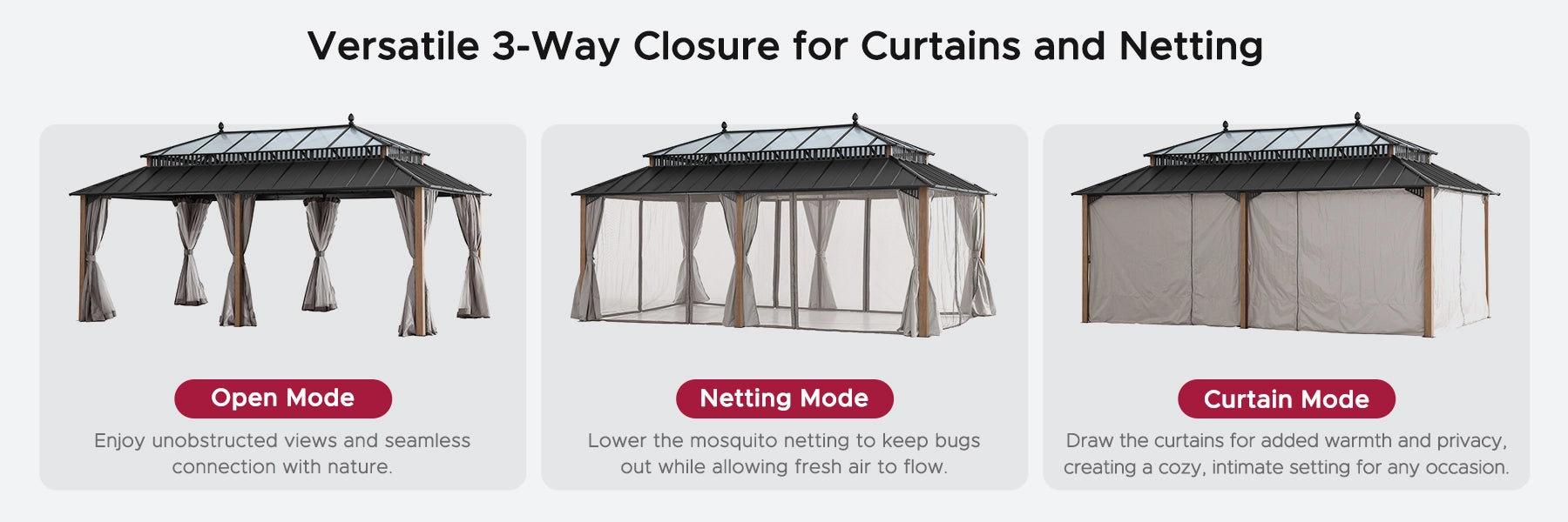 SUNJOY Kingston 12x20 Gazebo with Netting & Curtain | Steel Roof with Extra-Tall & Oversized PC Vent Top - Woodgrain Aluminum Posts