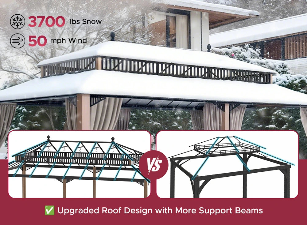 SUNJOY Kingston 12x20 Gazebo with Netting & Curtain | Steel Roof with Extra-Tall & Oversized PC Vent Top - Woodgrain Aluminum Posts