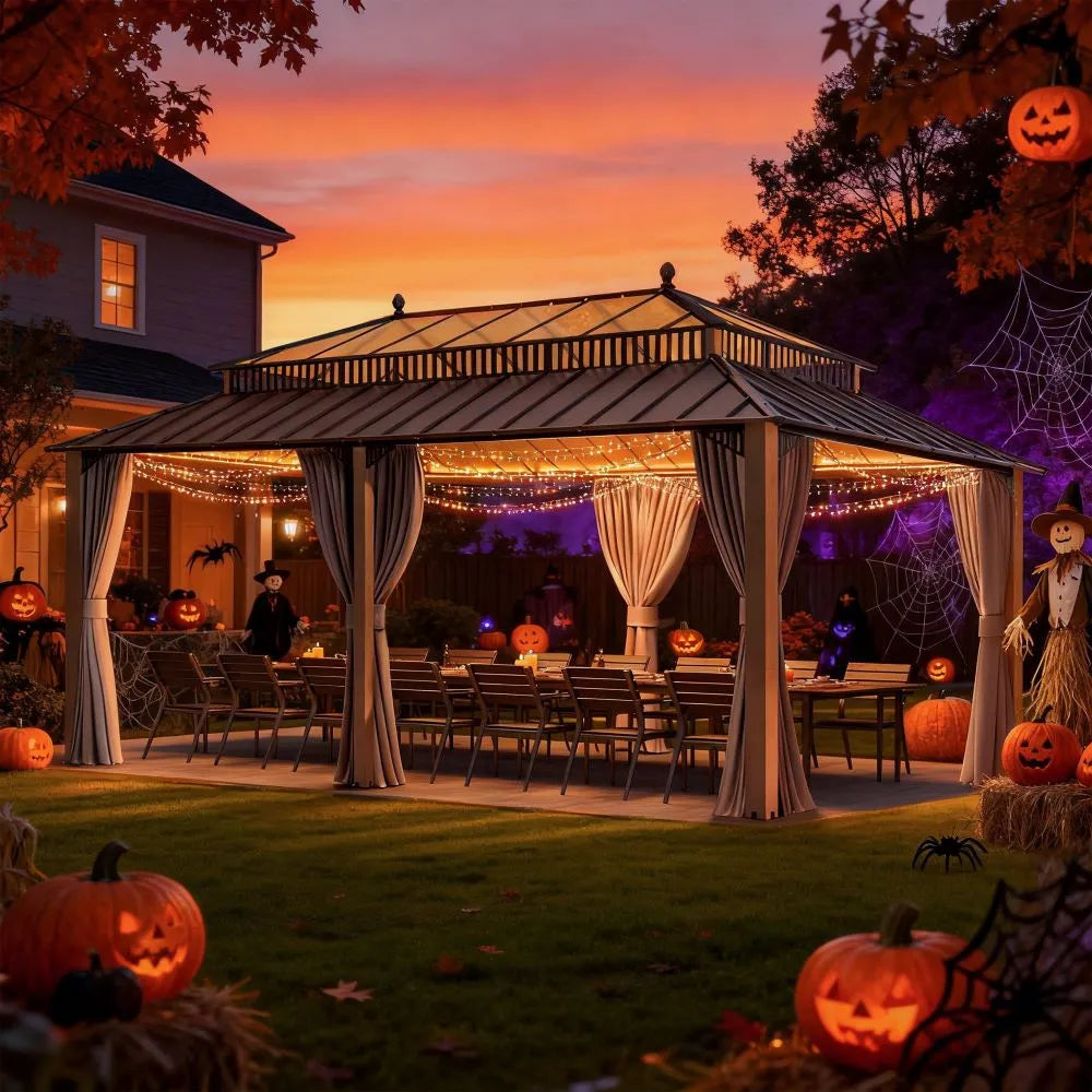 Halloween-themed outdoor setting with a gazebo, pumpkins, and decorations.