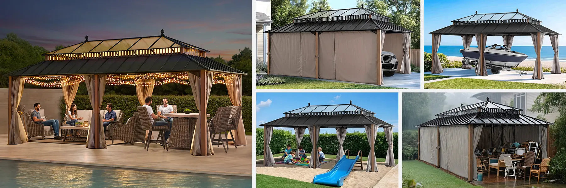 SUNJOY Kingston 12x20 Gazebo with Netting & Curtain | Steel Roof with Extra-Tall & Oversized PC Vent Top - Woodgrain Aluminum Posts