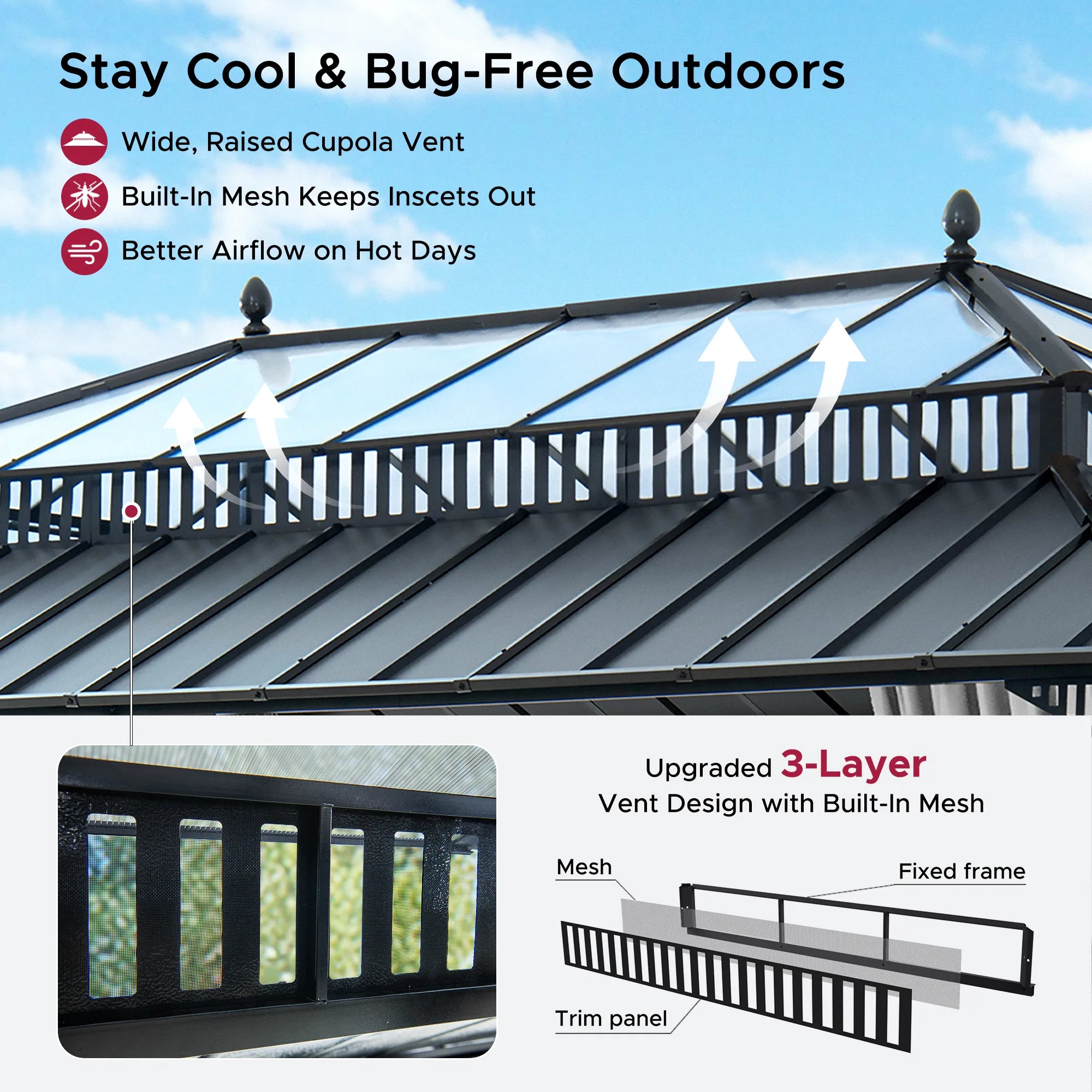 SUNJOY Kingston 12x20 Gazebo with Netting & Curtain | Steel & PC Roof - Gray Aluminum Posts