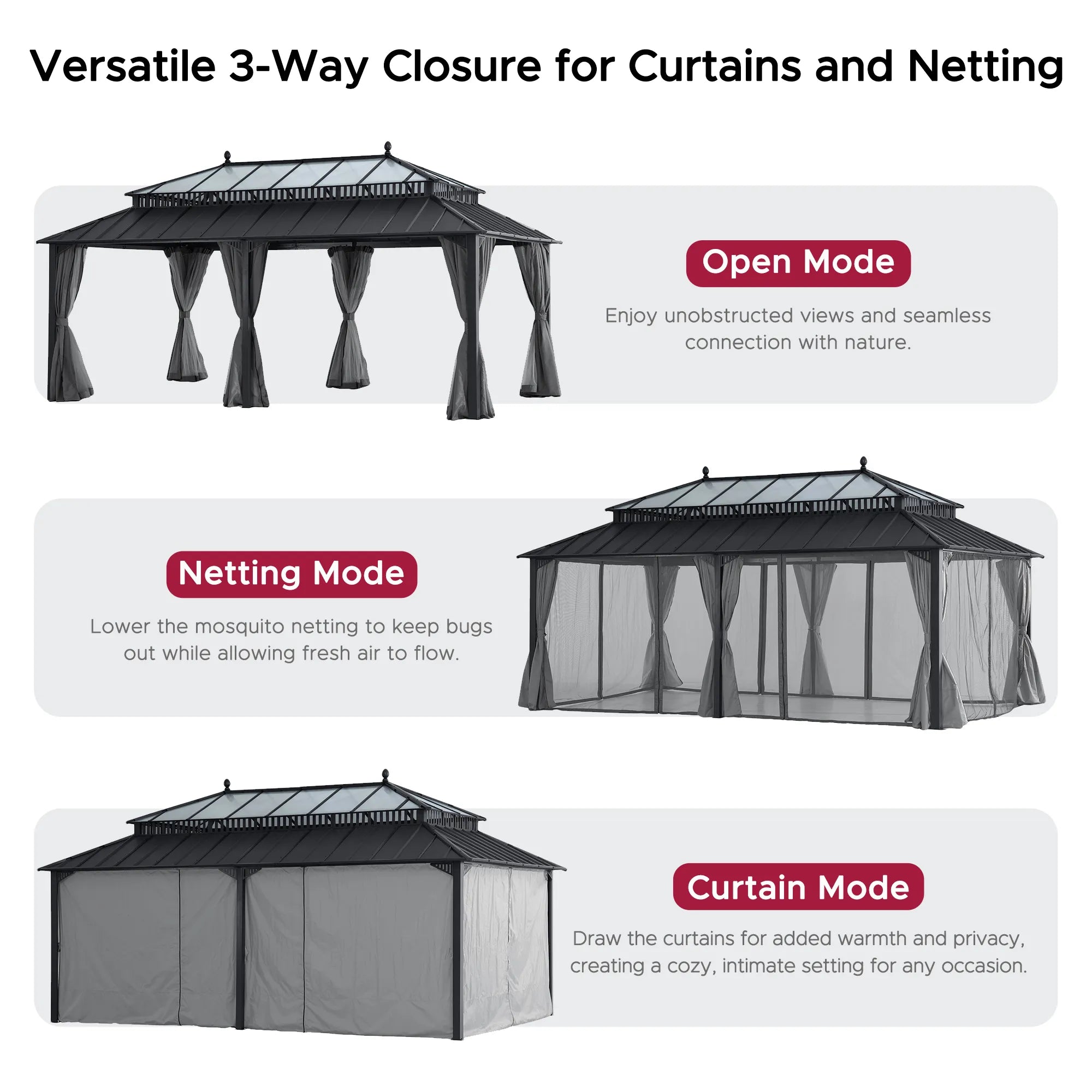 SUNJOY Kingston 12x20 Gazebo with Netting & Curtain | Steel & PC Roof - Gray Aluminum Posts