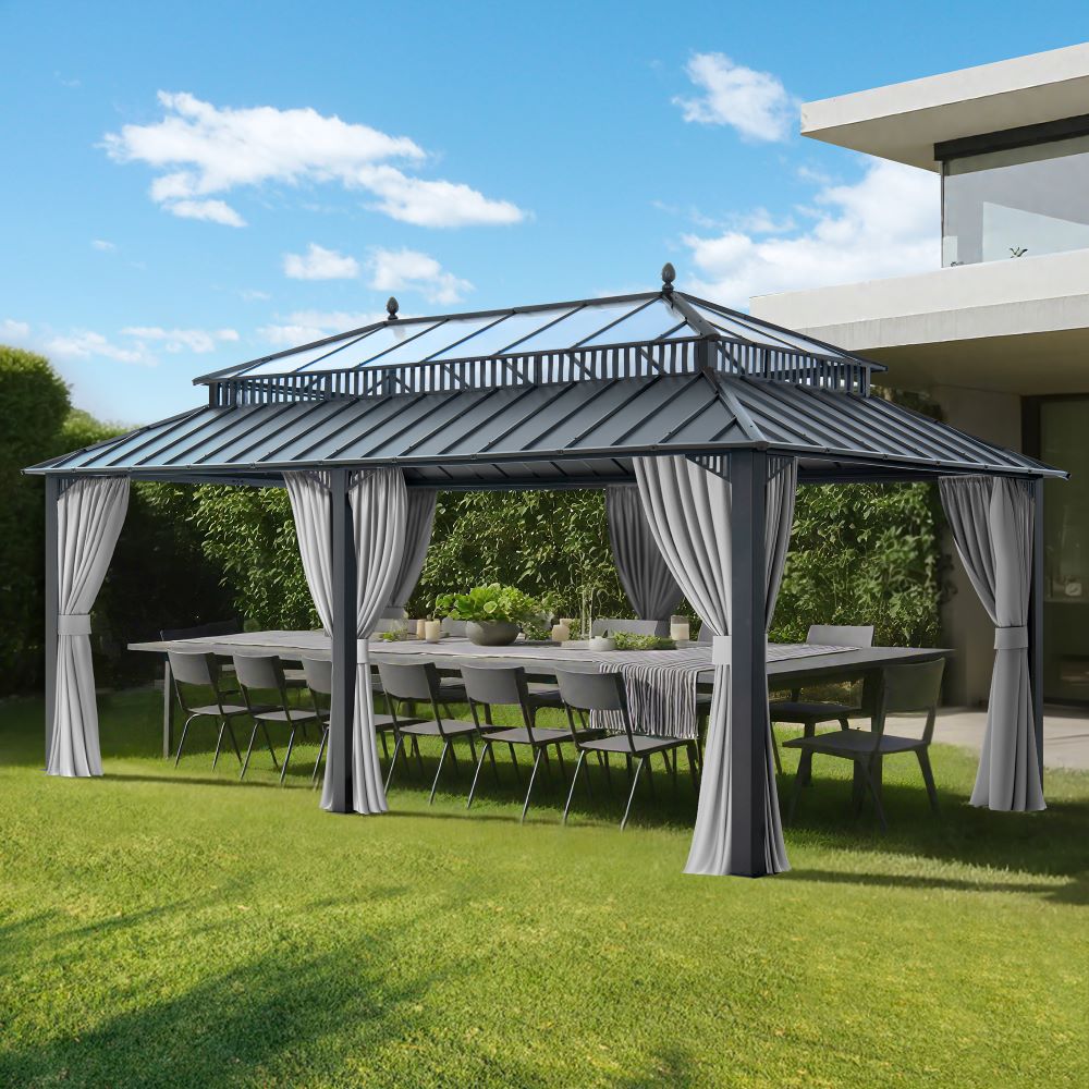 SUNJOY Kingston 12x20 Gazebo with Netting & Curtain | Steel & PC Roof - Gray Aluminum Posts