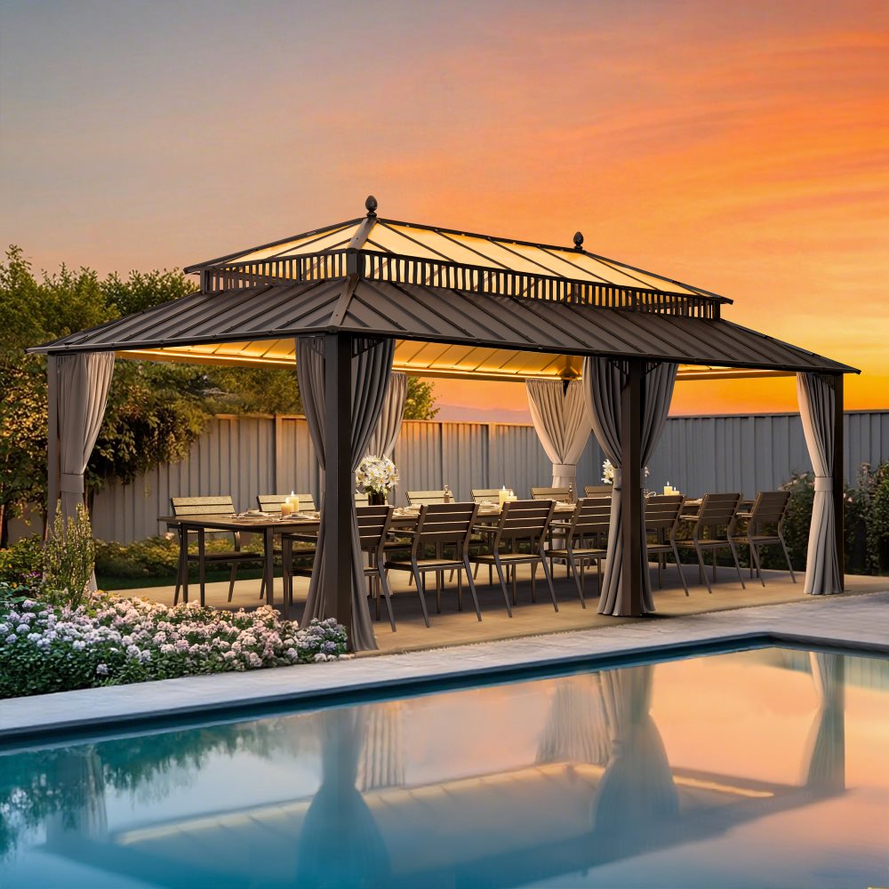 SUNJOY Kingston 12x20 Gazebo with Netting & Curtain | Steel & PC Roof - Gray Aluminum Posts