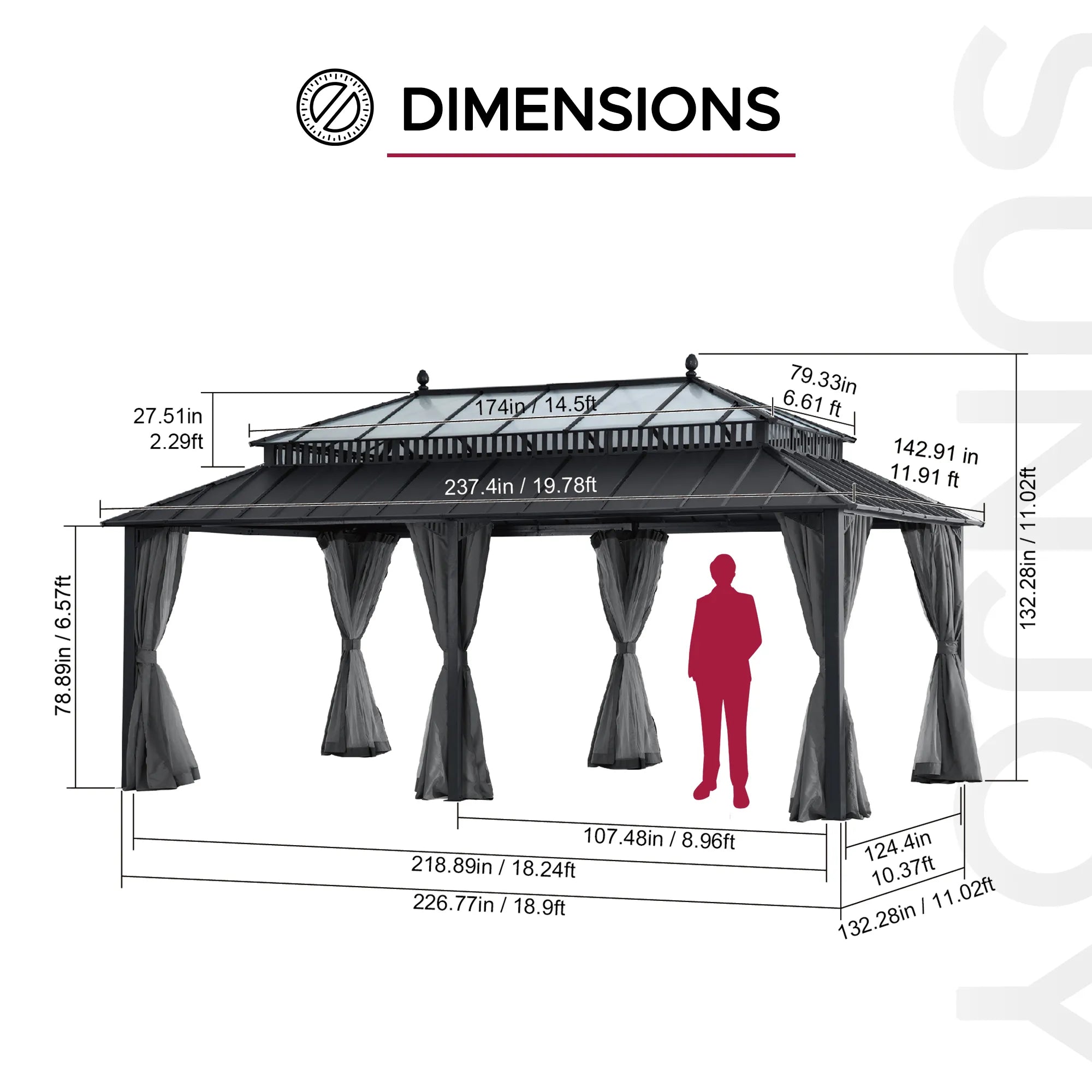 SUNJOY Kingston 12x20 Gazebo with Netting & Curtain | Steel & PC Roof - Gray Aluminum Posts