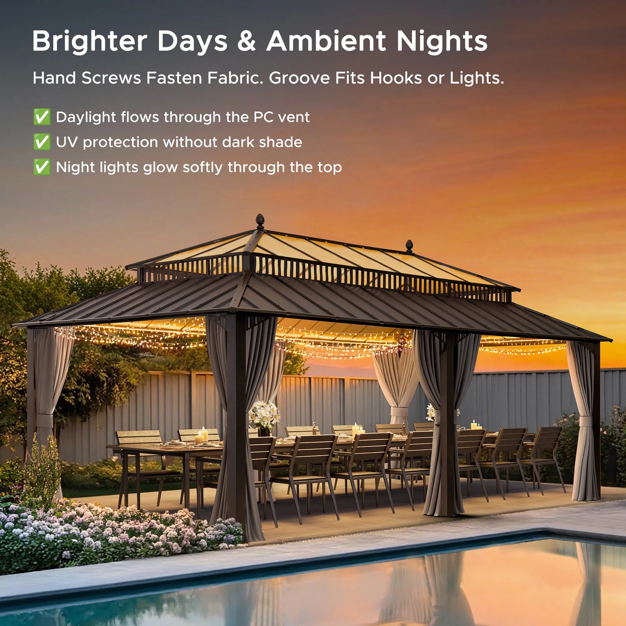 SUNJOY Kingston 12x20 Gazebo with Netting & Curtain | Steel & PC Roof - Gray Aluminum Posts