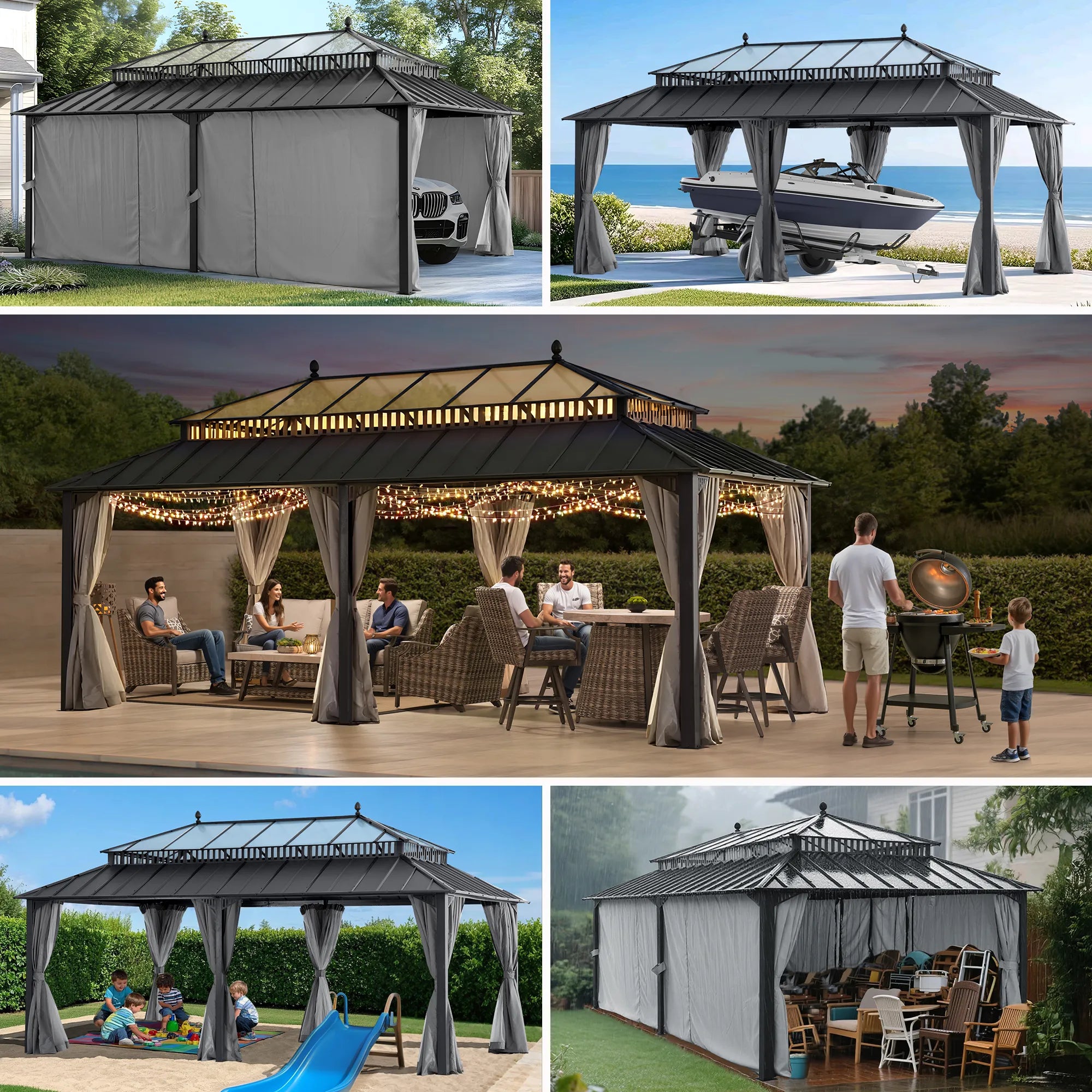 SUNJOY Kingston 12x20 Gazebo with Netting & Curtain | Steel & PC Roof - Gray Aluminum Posts