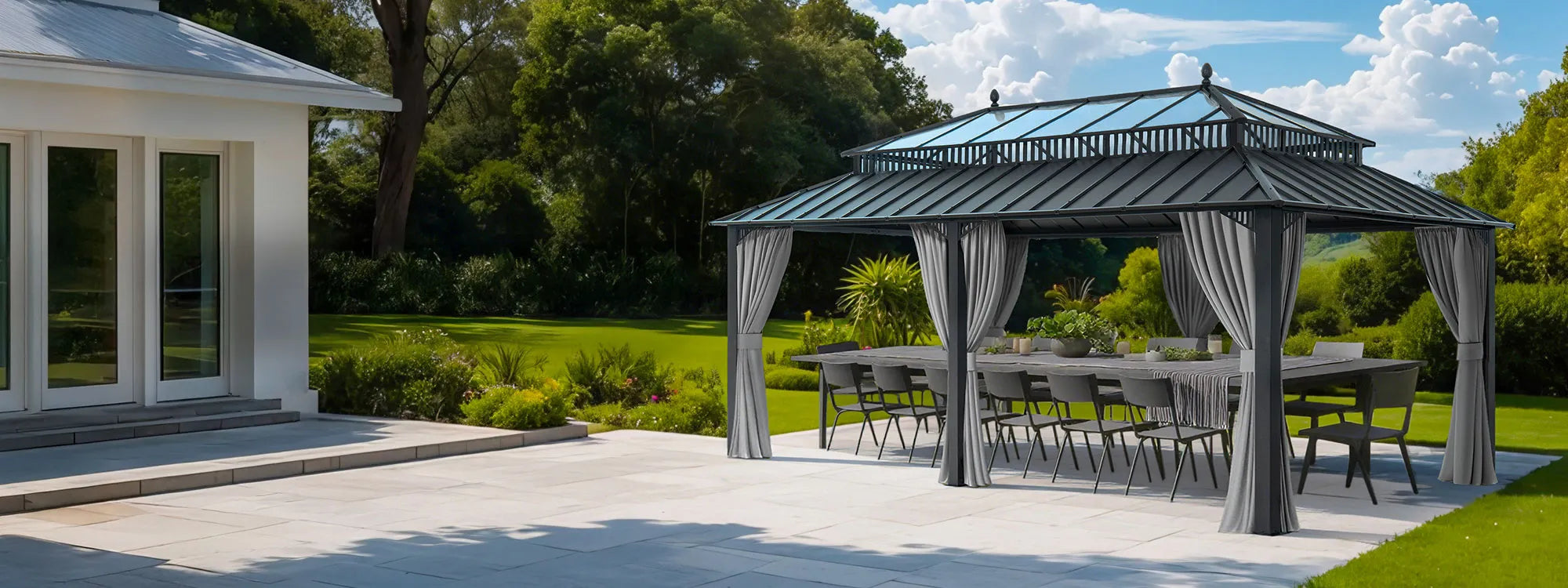 SUNJOY Kingston 12x20 Gazebo with Netting & Curtain | Steel Roof Extra-Tall & Oversized PC Vent Top - Gray Aluminum Posts