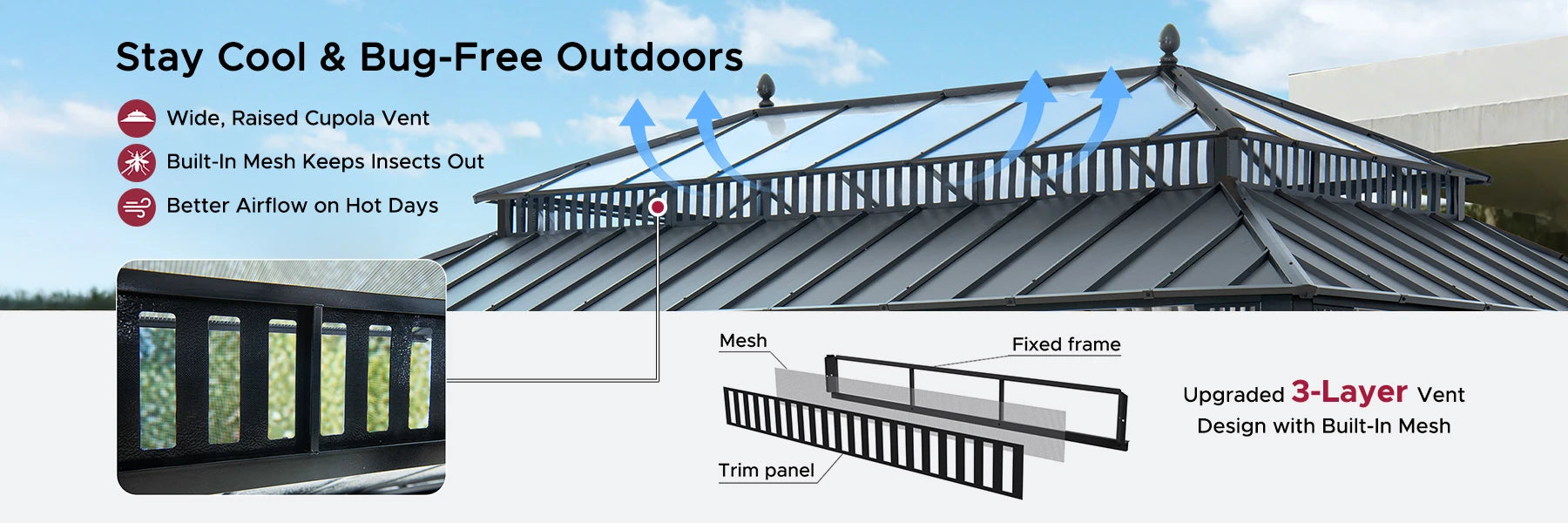 SUNJOY Kingston 12x20 Gazebo with Netting & Curtain | Steel Roof Extra-Tall & Oversized PC Vent Top - Gray Aluminum Posts