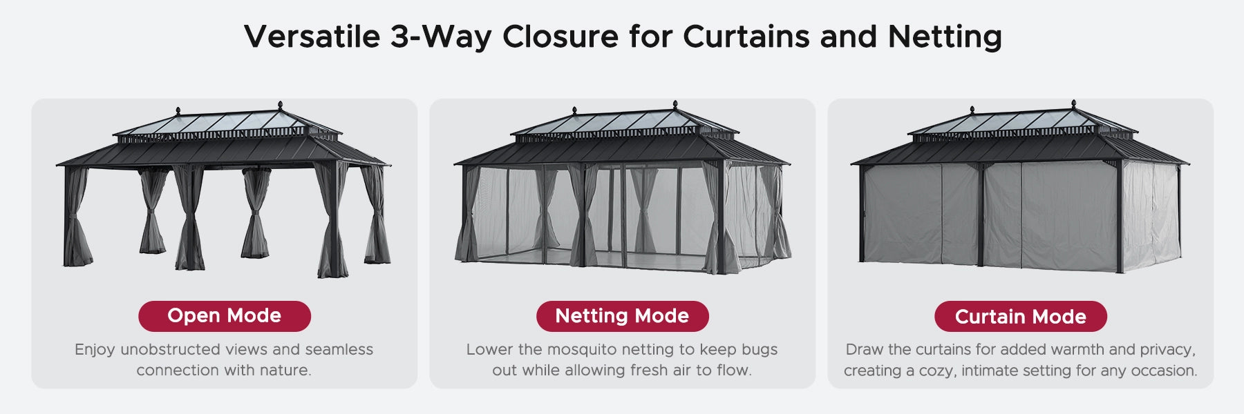 SUNJOY Kingston 12x20 Gazebo with Netting & Curtain | Steel Roof Extra-Tall & Oversized PC Vent Top - Gray Aluminum Posts