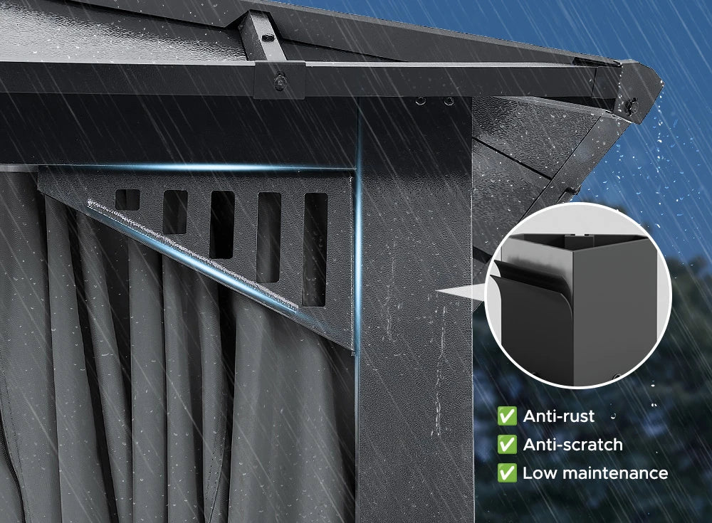 SUNJOY Kingston 12x20 Gazebo with Netting & Curtain | Steel Roof Extra-Tall & Oversized PC Vent Top - Gray Aluminum Posts