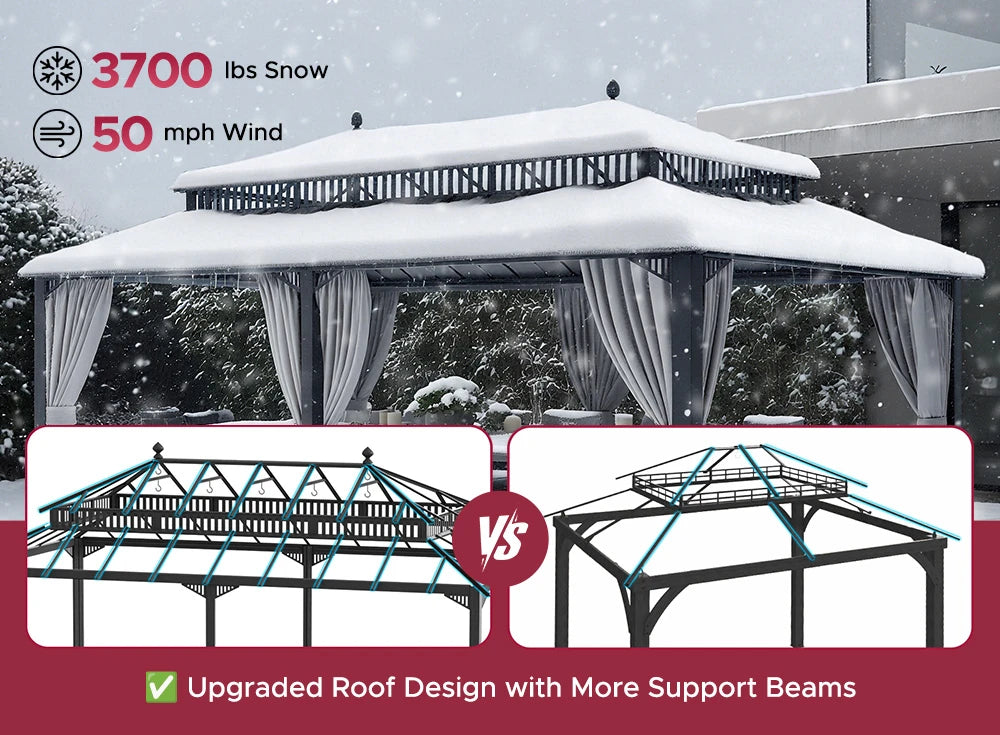 SUNJOY Kingston 12x20 Gazebo with Netting & Curtain | Steel Roof Extra-Tall & Oversized PC Vent Top - Gray Aluminum Posts