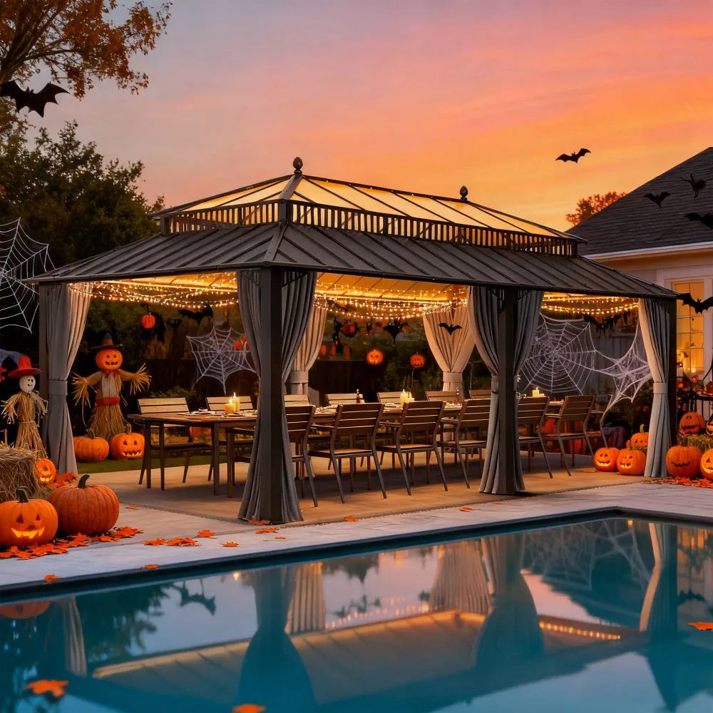 Halloween-themed outdoor setting with a gazebo, pool, and decorated pumpkins at sunset.