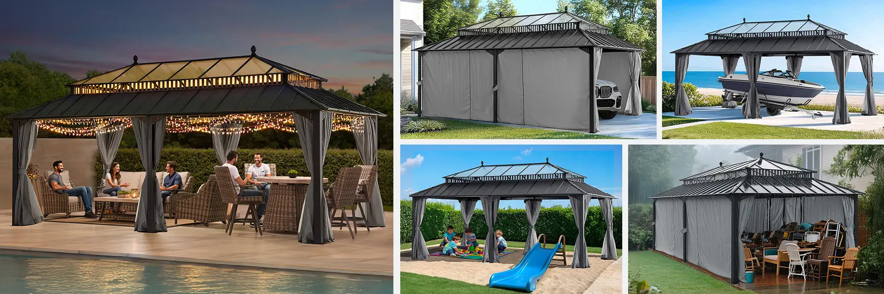 SUNJOY Kingston 12x20 Gazebo with Netting & Curtain | Steel Roof Extra-Tall & Oversized PC Vent Top - Gray Aluminum Posts