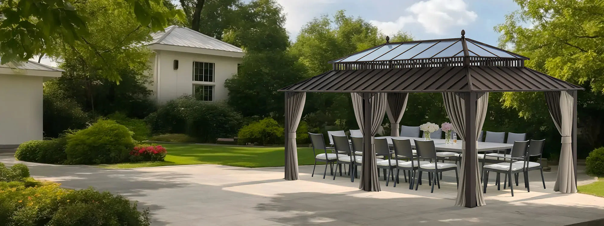 SUNJOY Kingston 12x20 Gazebo with Netting & Curtain | Steel Roof with Extra-Tall & Oversized PC Vent Top - Brown Aluminum Posts