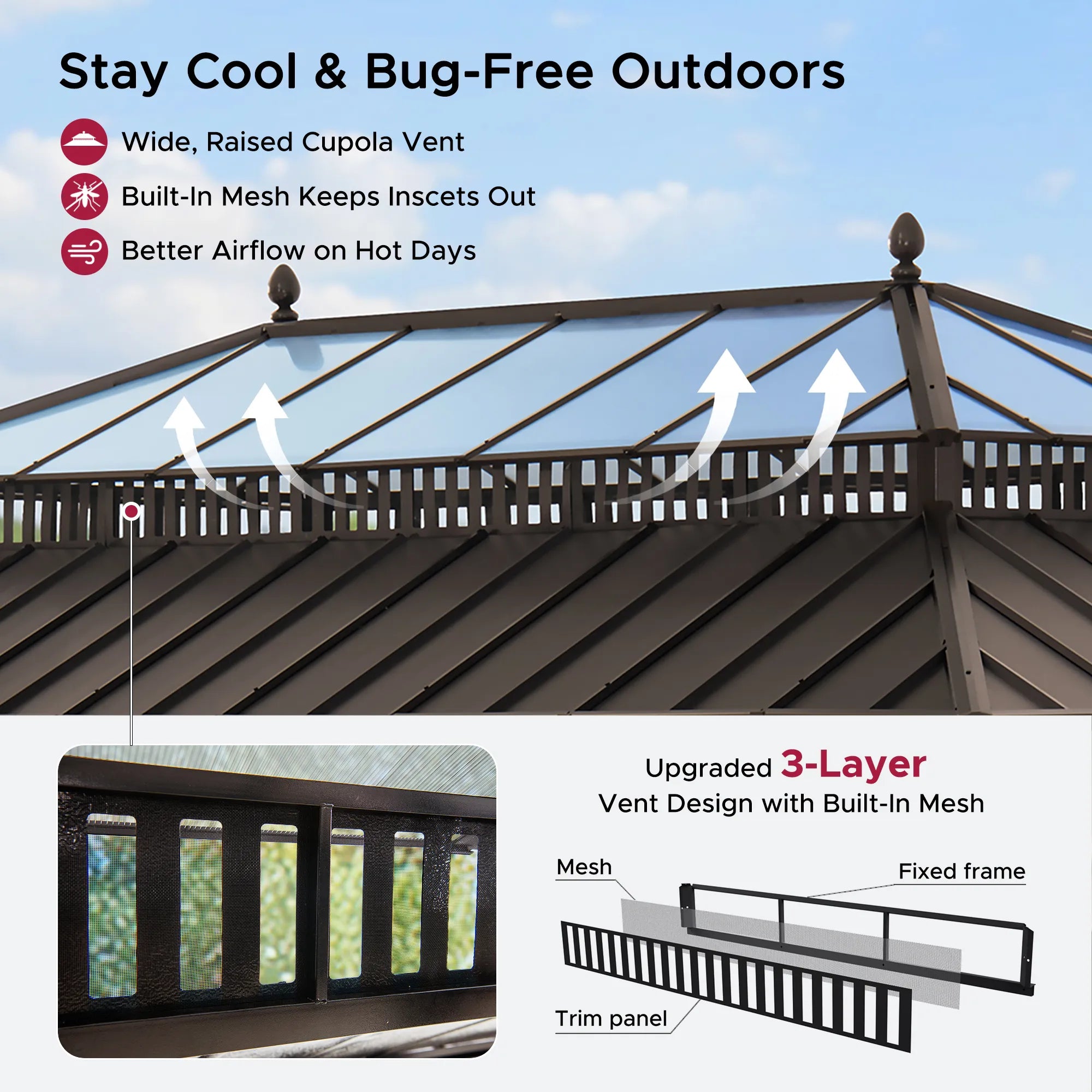 SUNJOY Kingston 12x20 Gazebo with Netting & Curtain | Steel & PC Roof - Brown Aluminum Posts