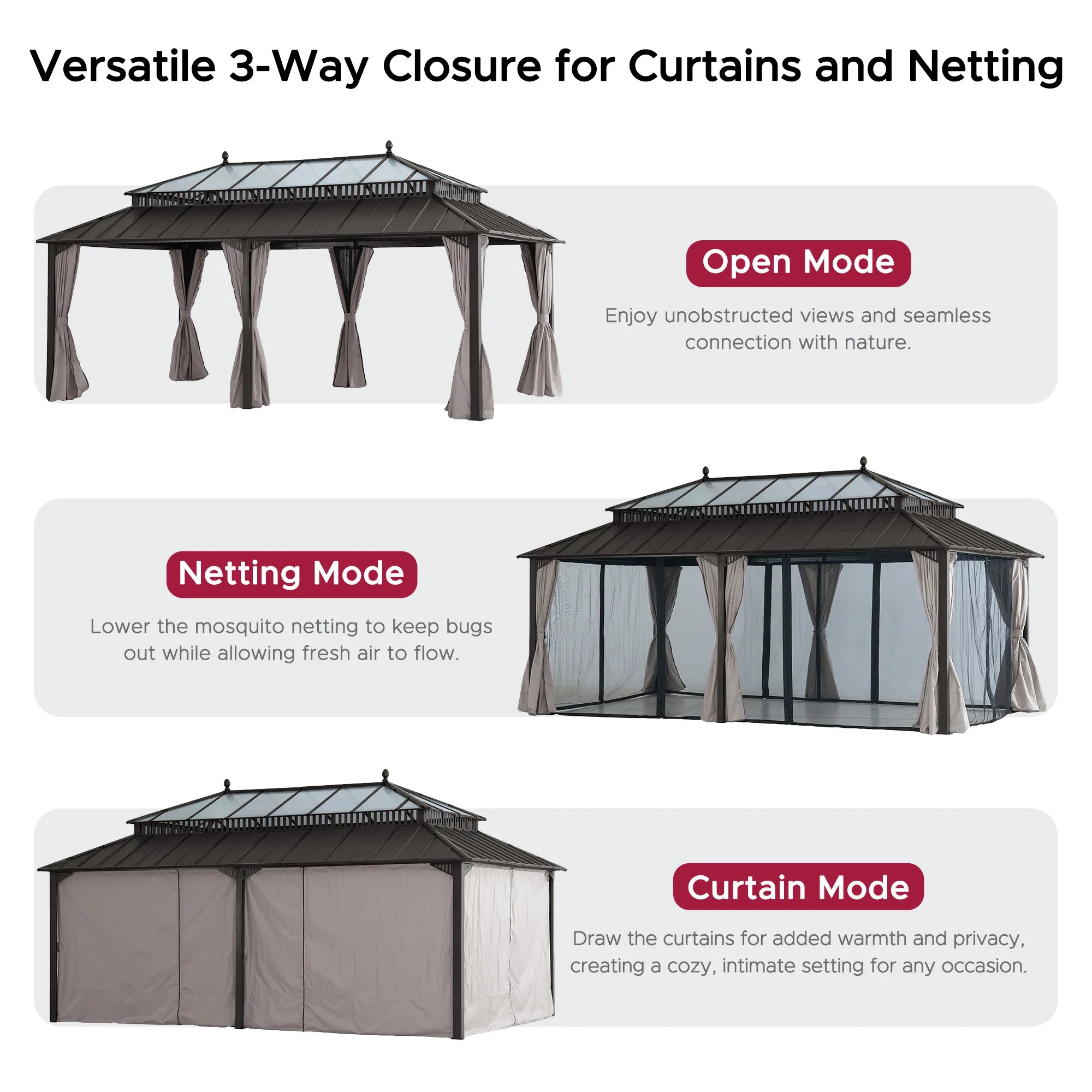 SUNJOY Kingston 12x20 Gazebo with Netting & Curtain | Steel & PC Roof - Brown Aluminum Posts