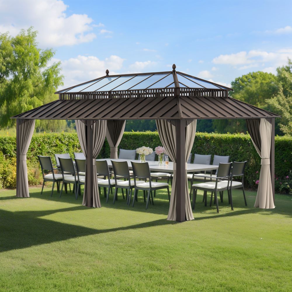 SUNJOY Kingston 12x20 Gazebo with Netting & Curtain | Steel & PC Roof - Brown Aluminum Posts