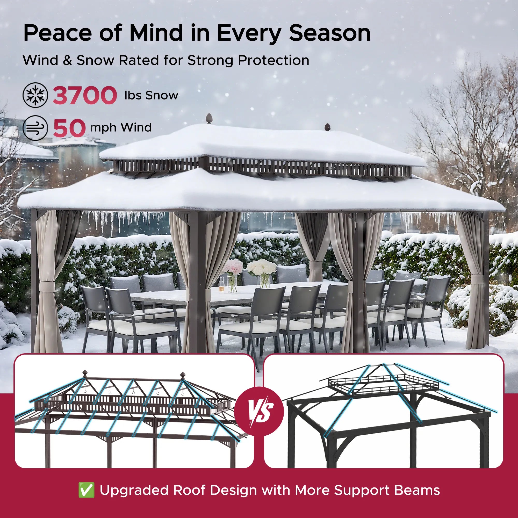 SUNJOY Kingston 12x20 Gazebo with Netting & Curtain | Steel & PC Roof - Brown Aluminum Posts