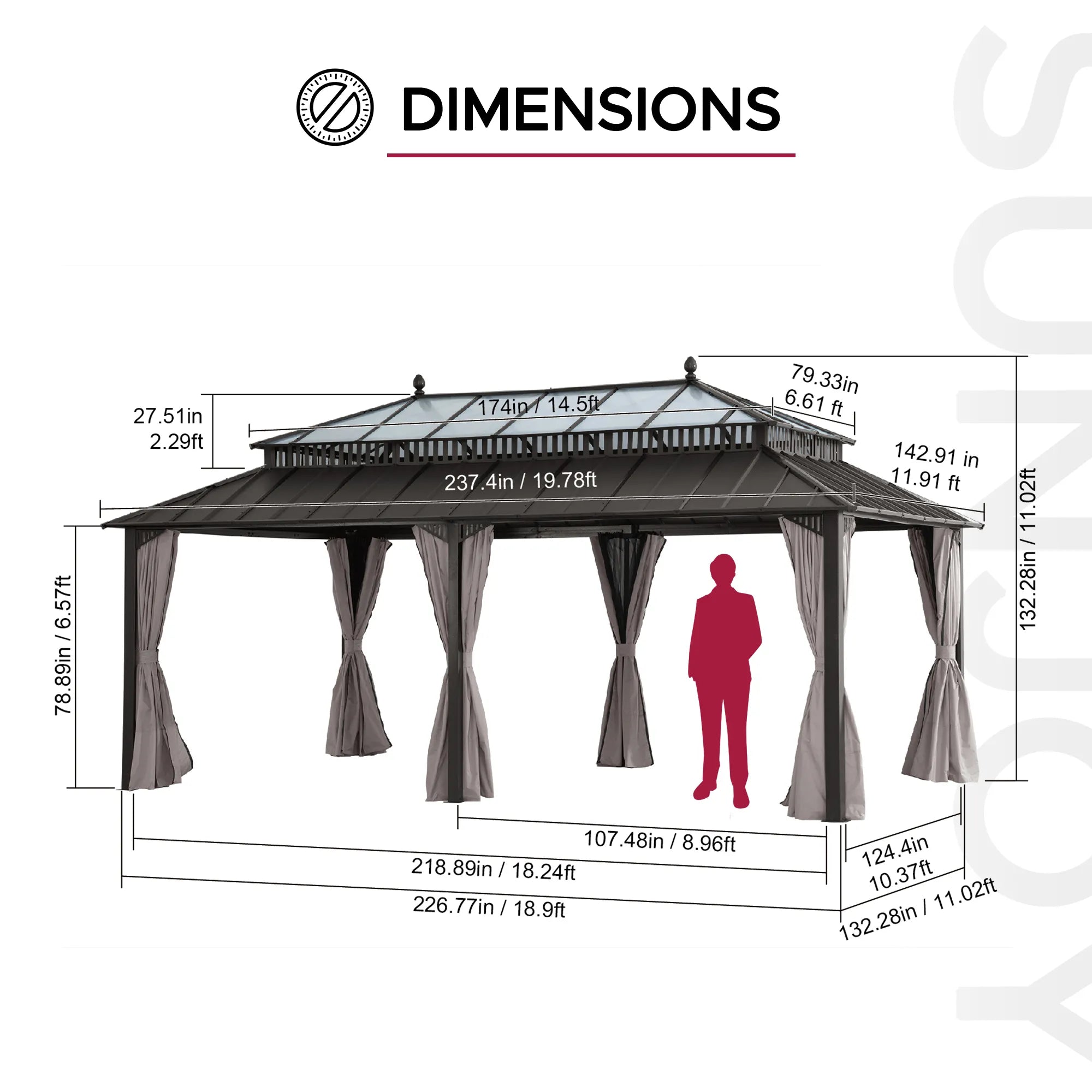 SUNJOY Kingston 12x20 Gazebo with Netting & Curtain | Steel & PC Roof - Brown Aluminum Posts