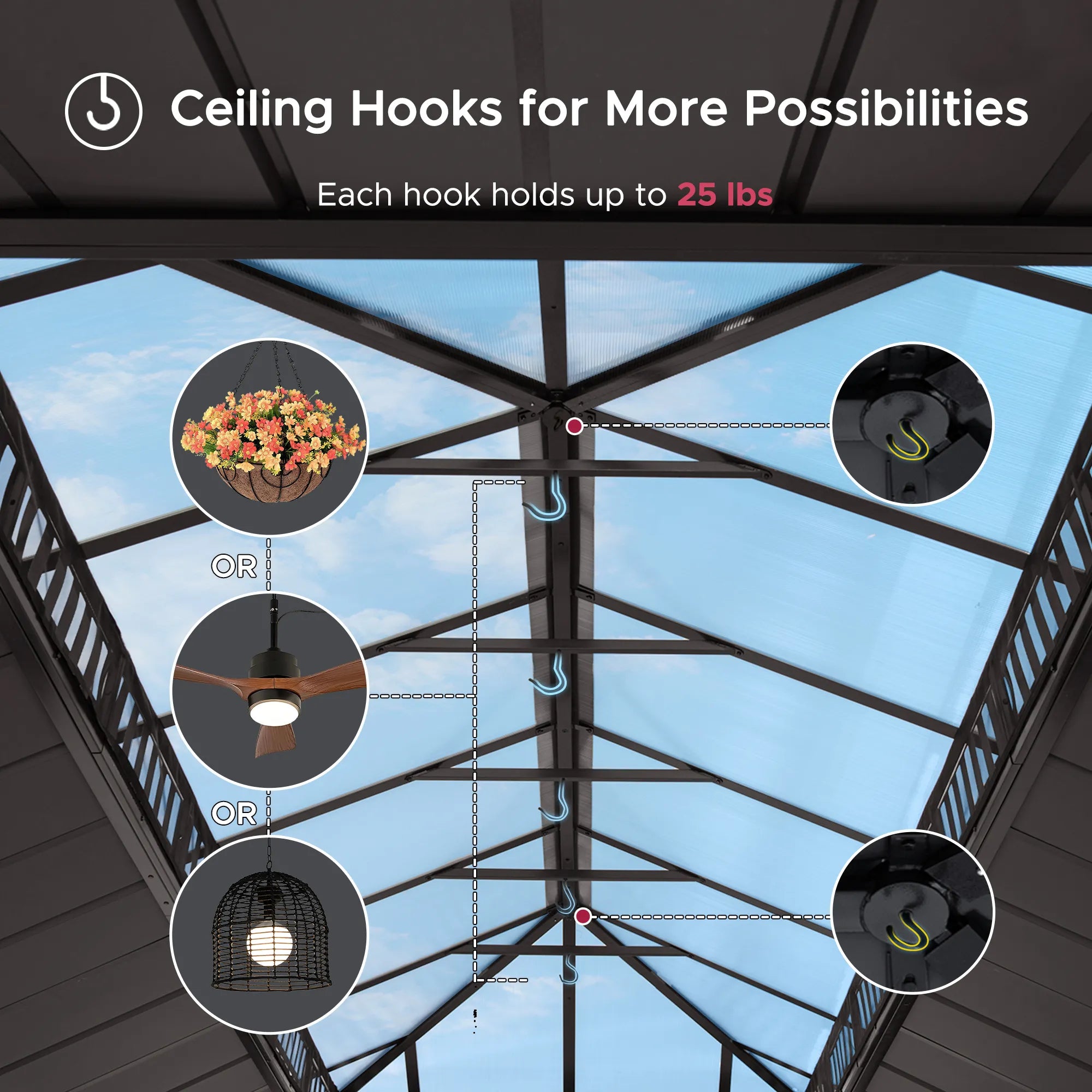 SUNJOY Kingston 12x20 Gazebo with Netting & Curtain | Steel & PC Roof - Brown Aluminum Posts