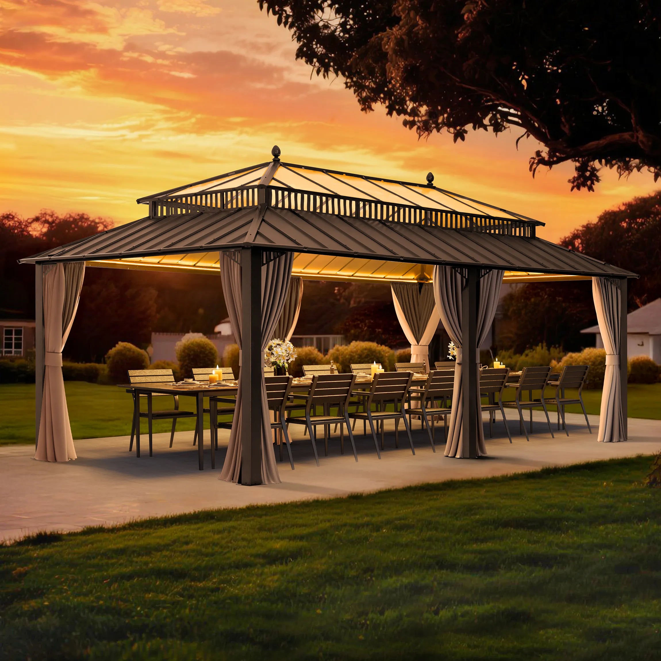 SUNJOY Kingston 12x20 Gazebo with Netting & Curtain | Steel & PC Roof - Brown Aluminum Posts