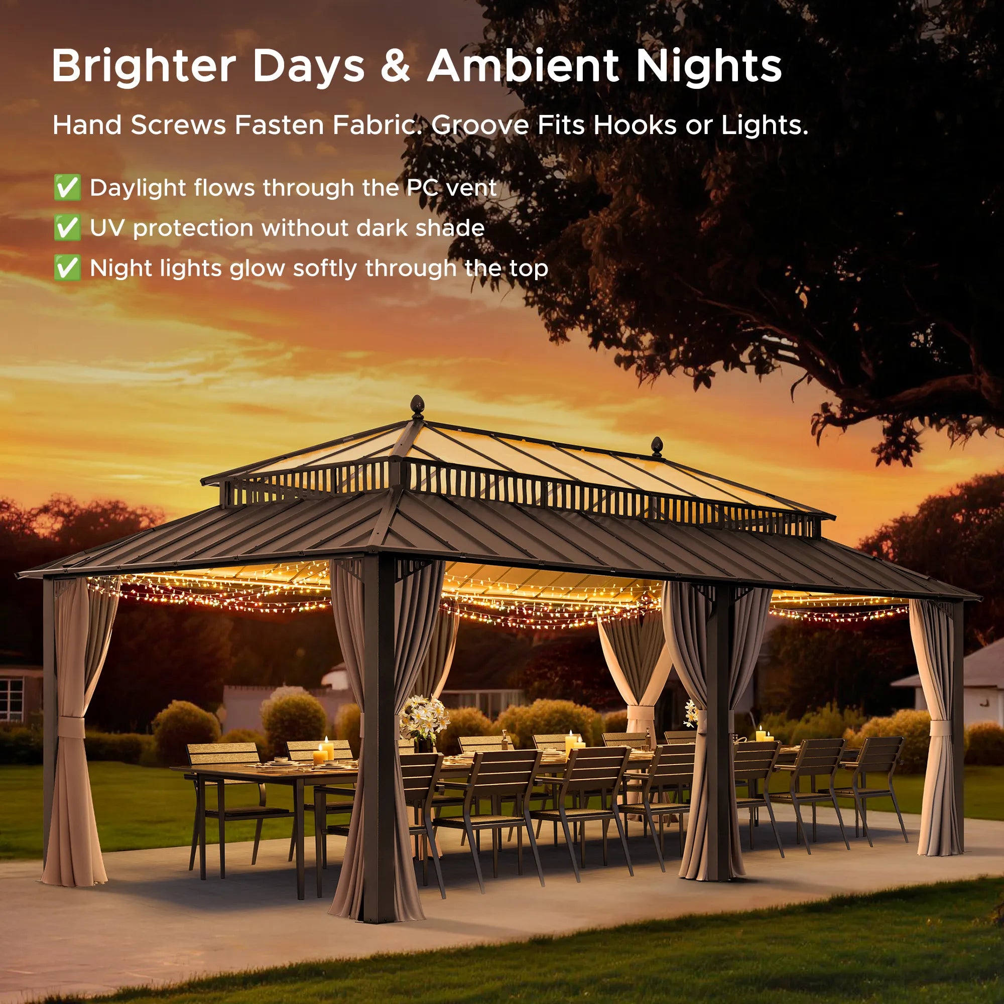 SUNJOY Kingston 12x20 Gazebo with Netting & Curtain | Steel & PC Roof - Brown Aluminum Posts