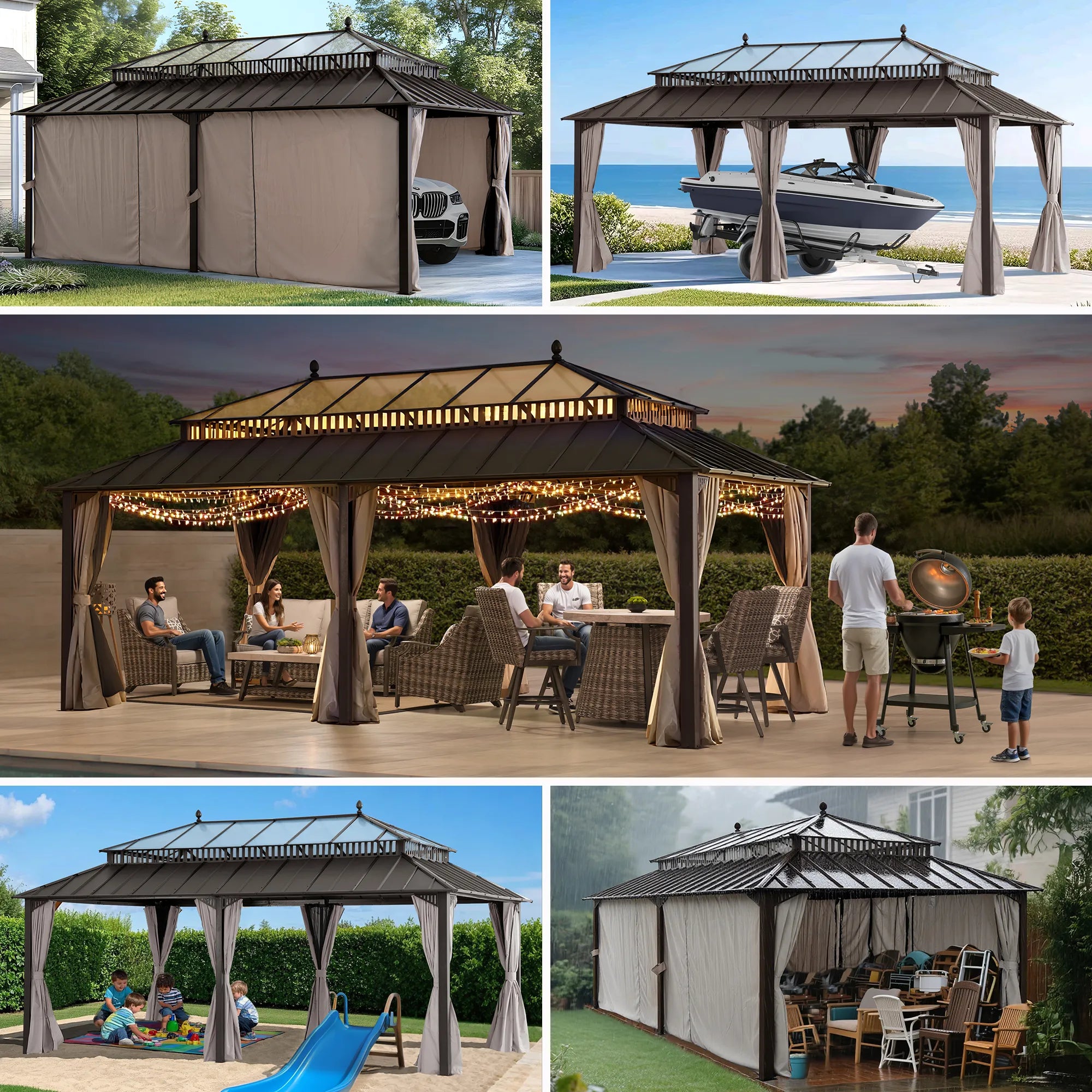 SUNJOY Kingston 12x20 Gazebo with Netting & Curtain | Steel & PC Roof - Brown Aluminum Posts