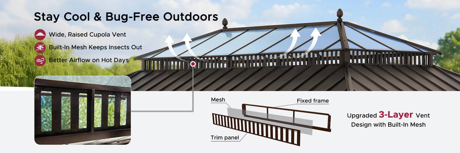 SUNJOY Kingston 12x20 Gazebo with Netting & Curtain | Steel Roof with Extra-Tall & Oversized PC Vent Top - Brown Aluminum Posts