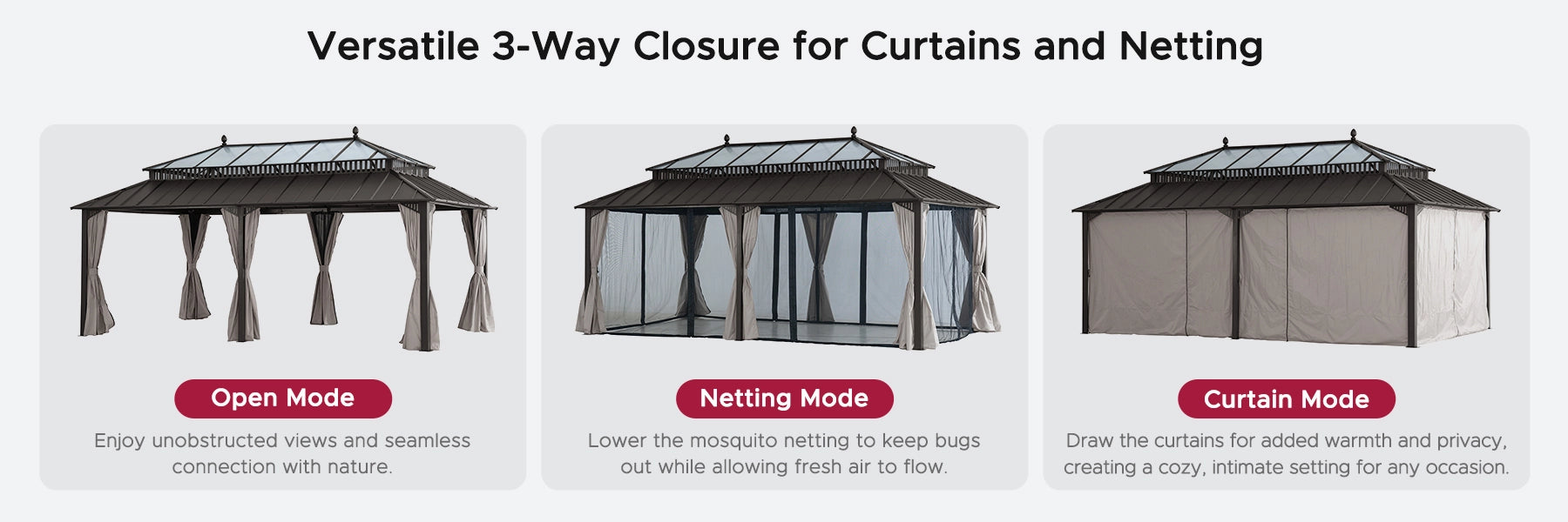 SUNJOY Kingston 12x20 Gazebo with Netting & Curtain | Steel Roof with Extra-Tall & Oversized PC Vent Top - Brown Aluminum Posts