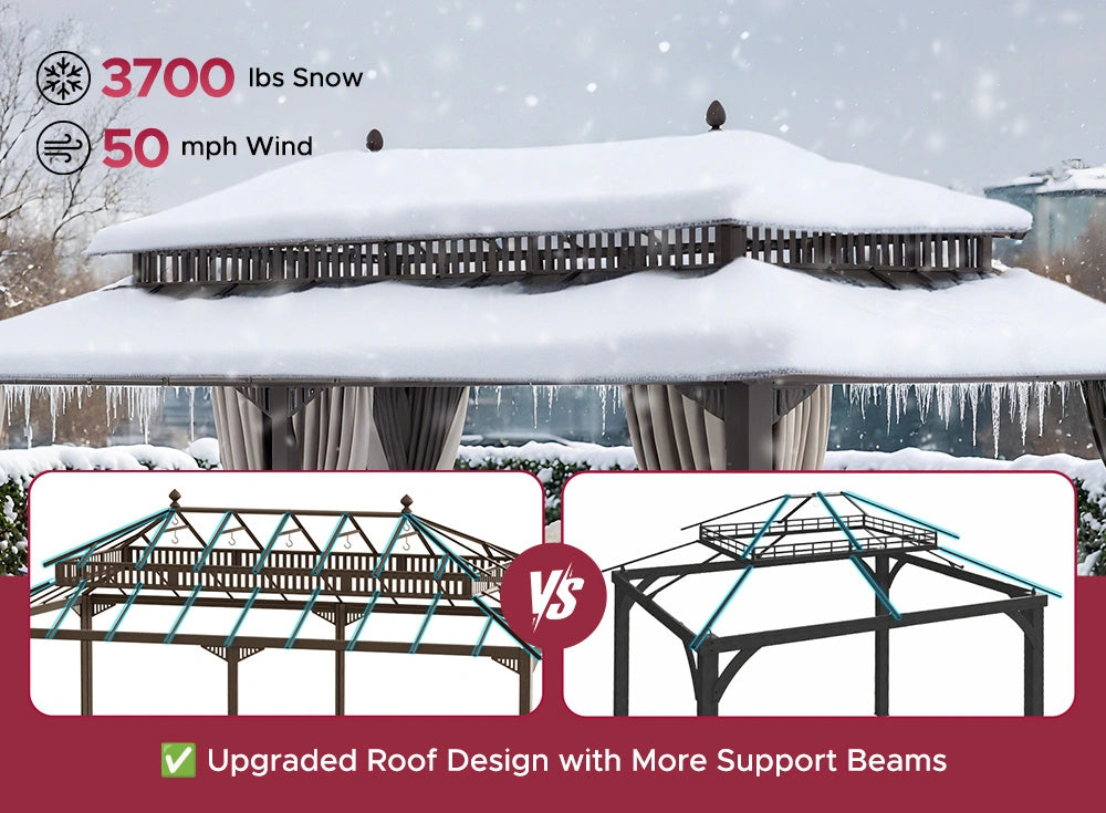 SUNJOY Kingston 12x20 Gazebo with Netting & Curtain | Steel Roof with Extra-Tall & Oversized PC Vent Top - Brown Aluminum Posts