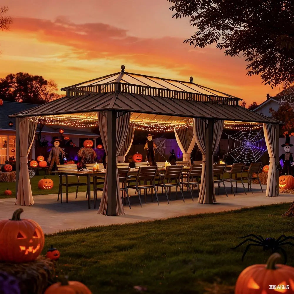 Halloween-themed outdoor setting with a gazebo, pumpkins, and decorations against a sunset sky.
