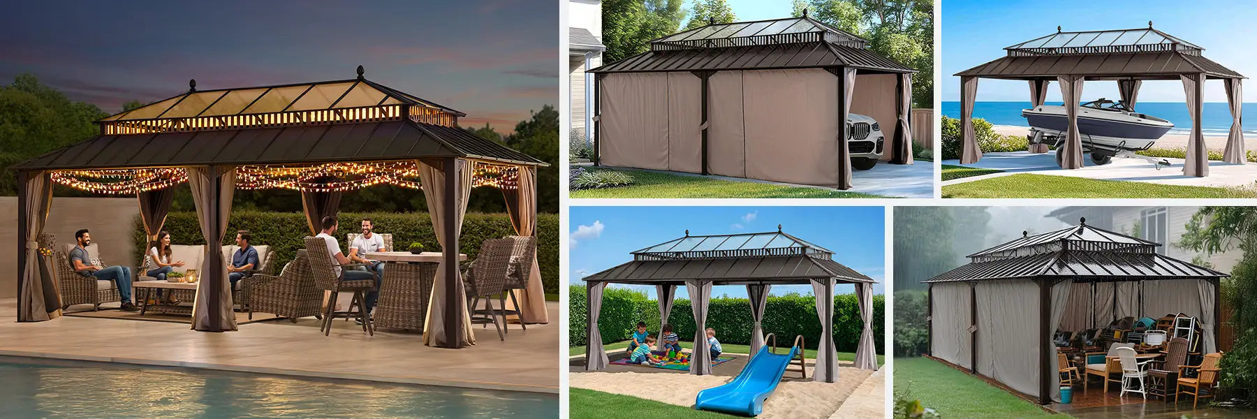 SUNJOY Kingston 12x20 Gazebo with Netting & Curtain | Steel Roof with Extra-Tall & Oversized PC Vent Top - Brown Aluminum Posts