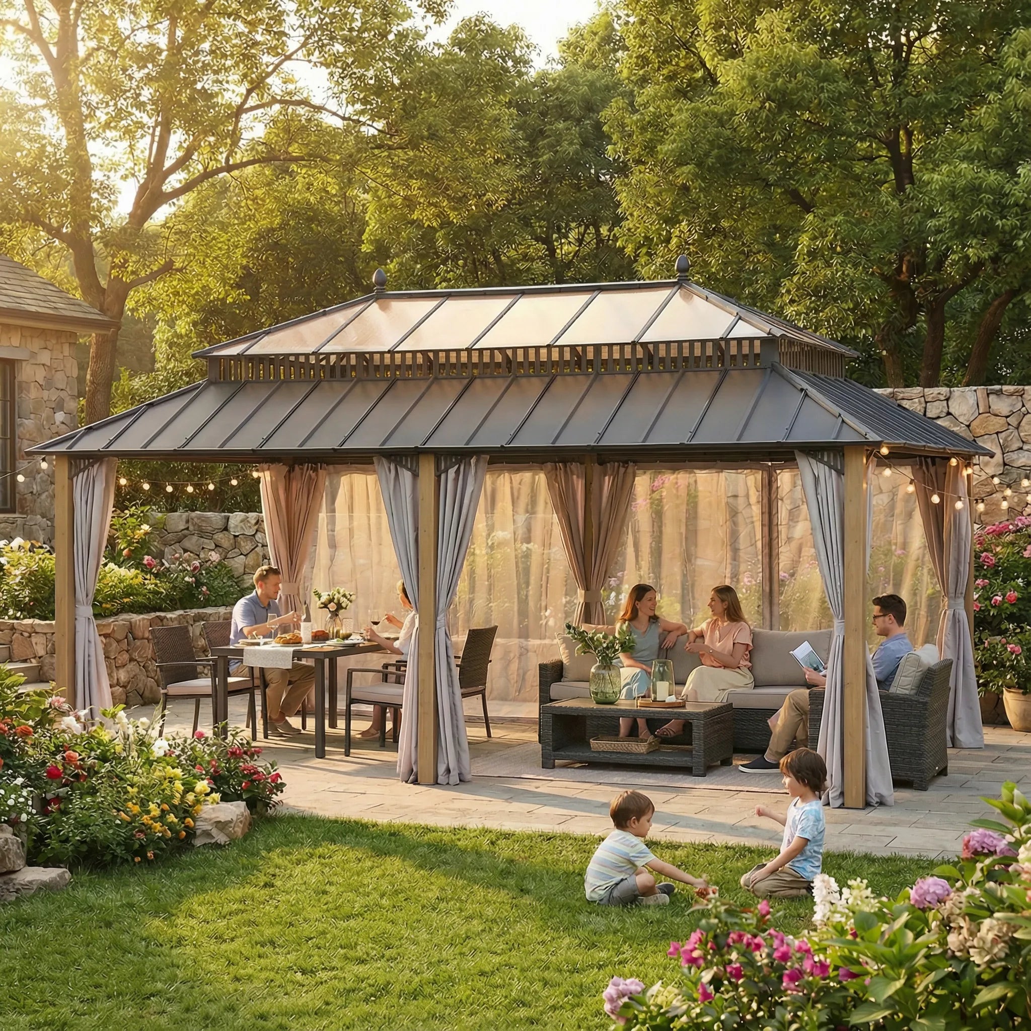 SUNJOY Kingston 12x20 Gazebo with Netting & Curtain | Steel Roof with Extra-Tall & Oversized PC Vent Top - Cedar Wood Posts