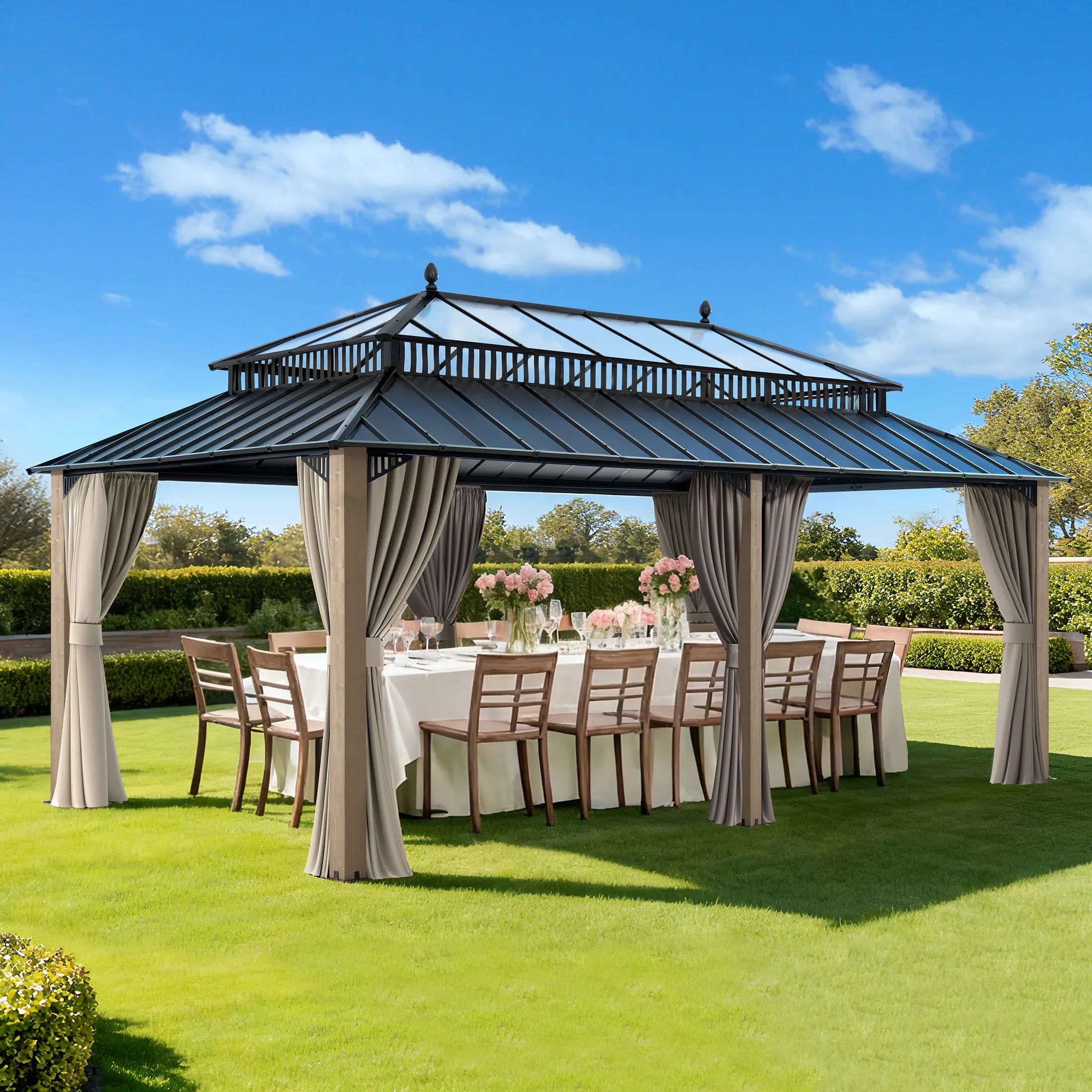 SUNJOY Kingston 12x20 Gazebo with Netting & Curtain | Steel Roof with Extra-Tall & Oversized PC Vent Top - Wood Posts