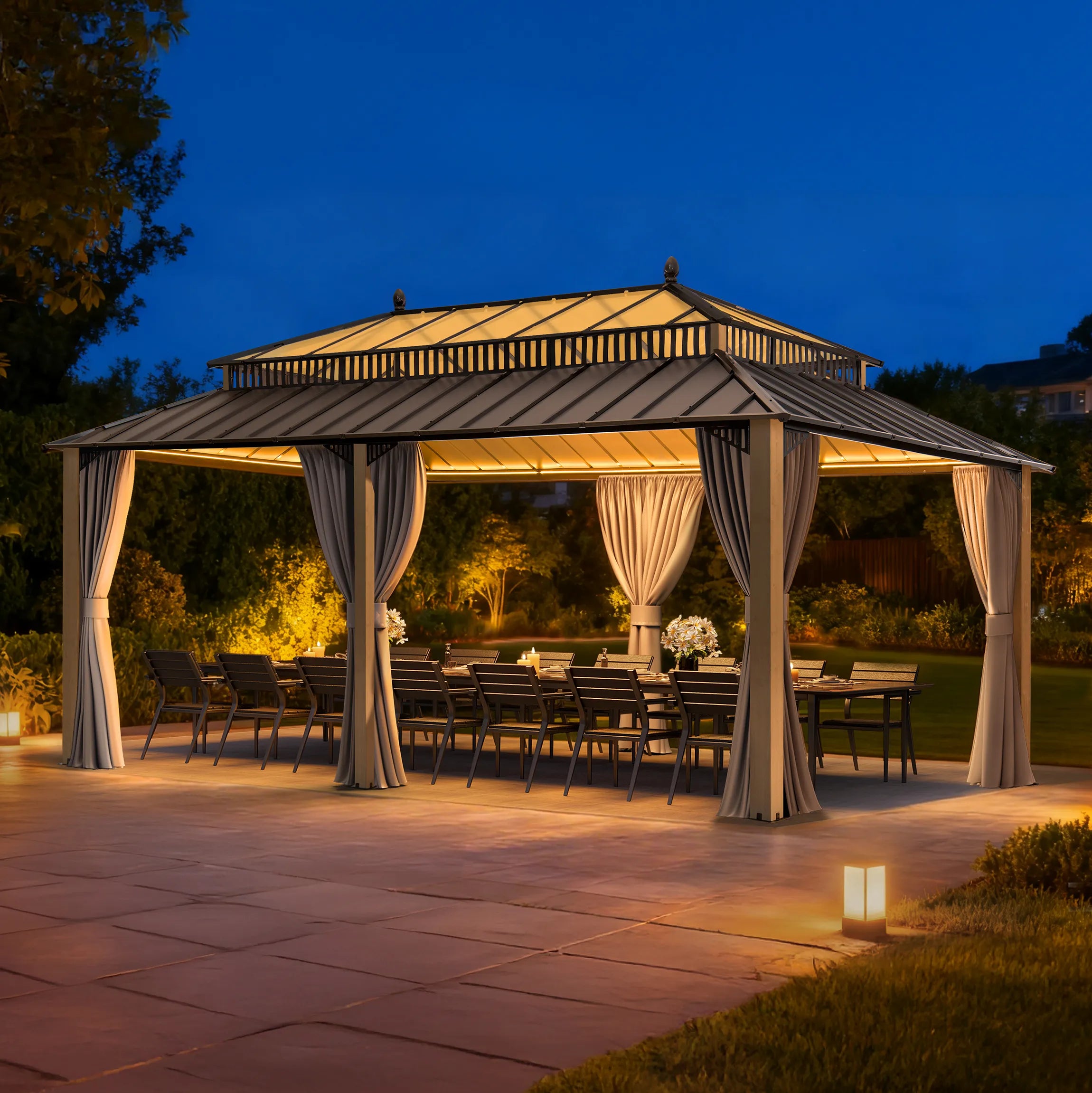 SUNJOY Kingston 12x20 Gazebo with Netting & Curtain | Steel Roof with Extra-Tall & Oversized PC Vent Top - Wood Posts