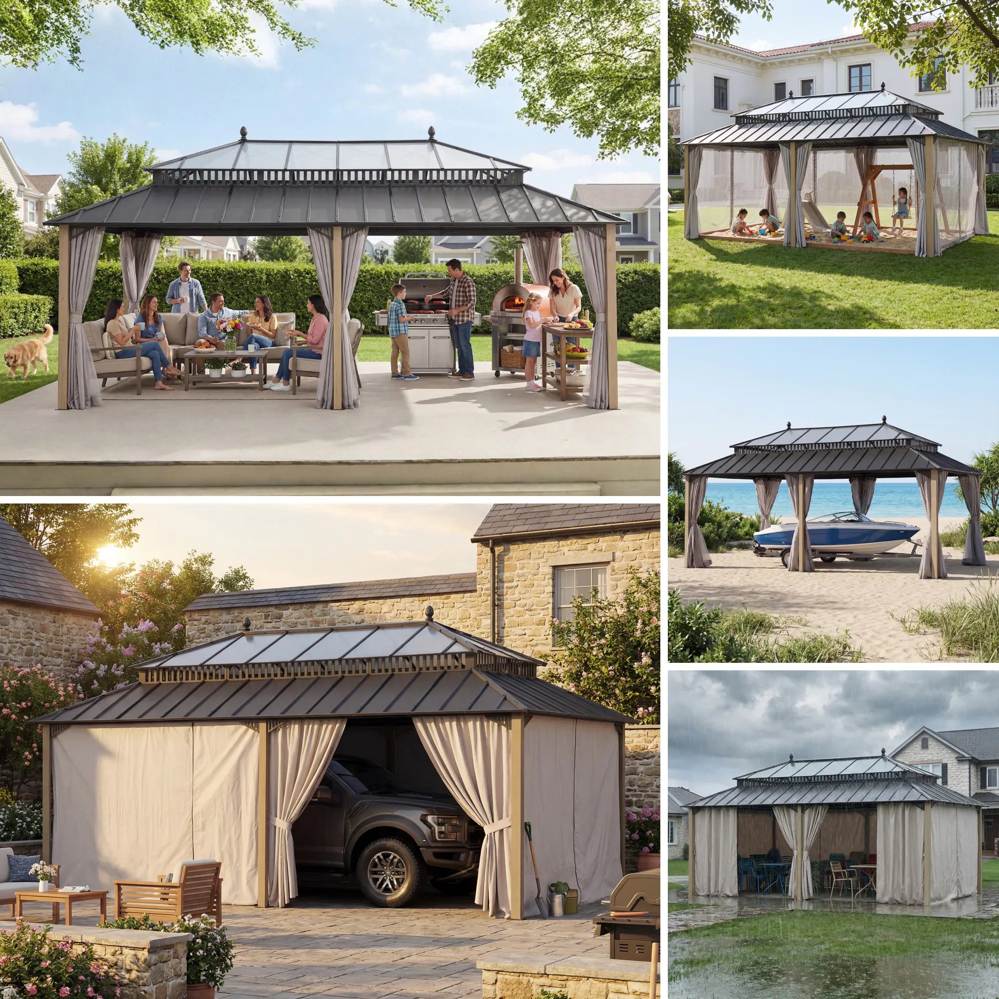 SUNJOY Kingston 12x20 Gazebo with Netting & Curtain | Steel Roof with Extra-Tall & Oversized PC Vent Top - Wood Posts