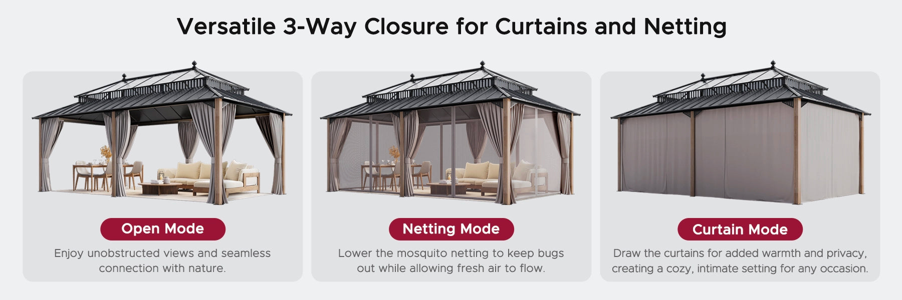 SUNJOY Kingston 12x20 Gazebo with Netting & Curtain | Steel Roof with Extra-Tall & Oversized PC Vent Top - Wood Posts