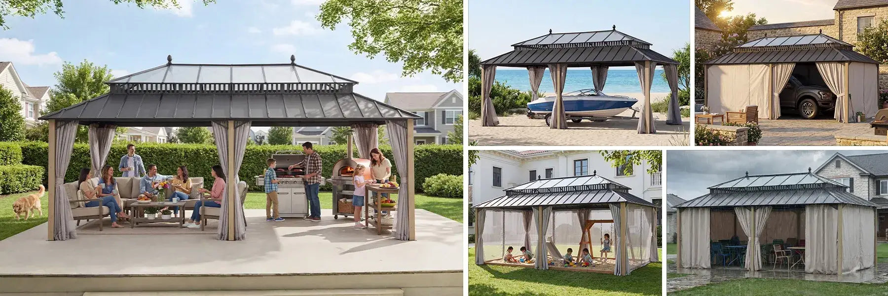 SUNJOY Kingston 12x20 Gazebo with Netting & Curtain | Steel Roof with Extra-Tall & Oversized PC Vent Top - Wood Posts
