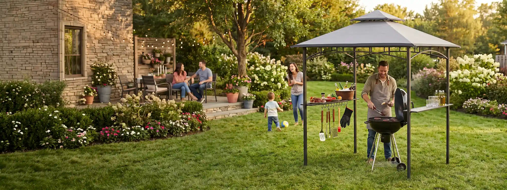 SUNJOY 8x5 BBQ Grill Gazebo with Bar Shelves and Hooks - Gray & Black