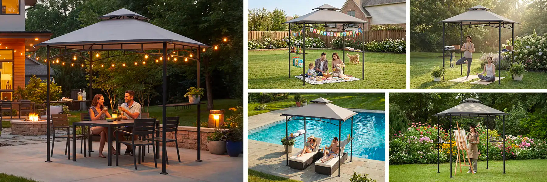 SUNJOY 8x5 BBQ Grill Gazebo with Bar Shelves and Hooks - Gray & Black