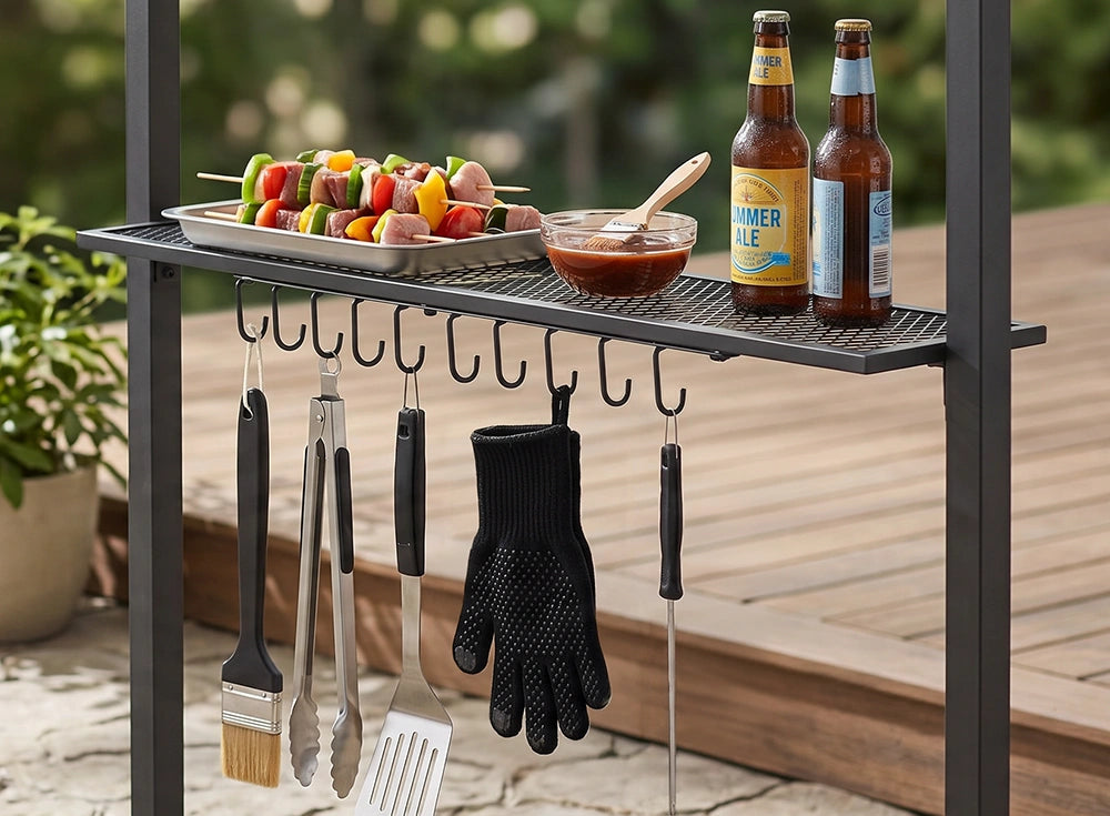 SUNJOY 8x5 BBQ Grill Gazebo with Bar Shelves and Hooks - Beige & Black
