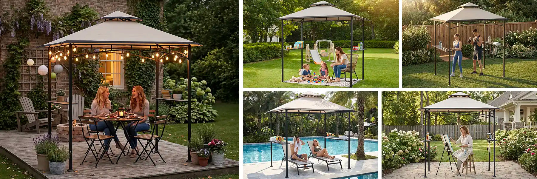 SUNJOY 8x5 BBQ Grill Gazebo with Bar Shelves and Hooks - Beige & Black
