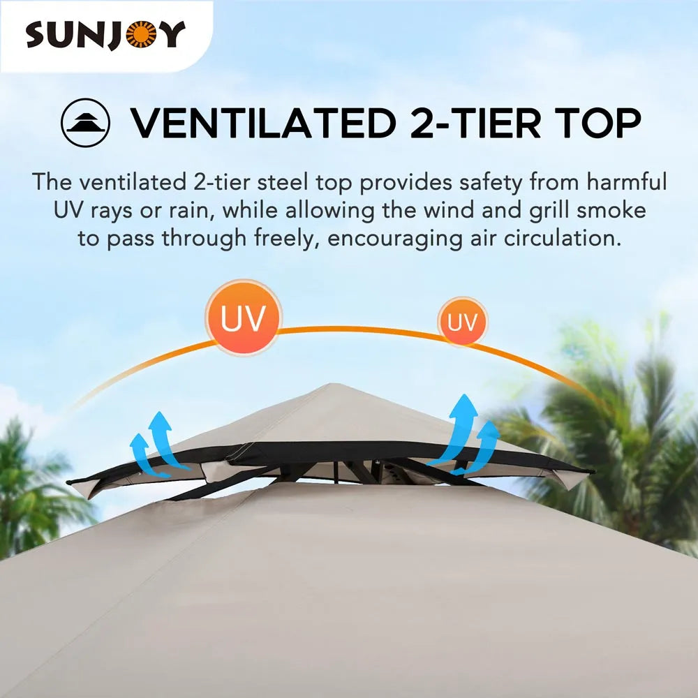 SUNJOY 5x8 BBQ Grill Gazebo with Bar Shelves and Hooks - Beige & Black