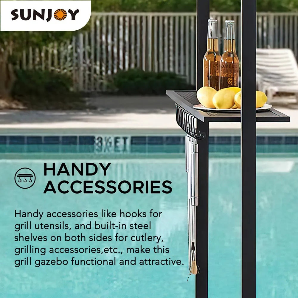SUNJOY 5x8 BBQ Grill Gazebo with Bar Shelves and Hooks - Beige & Black