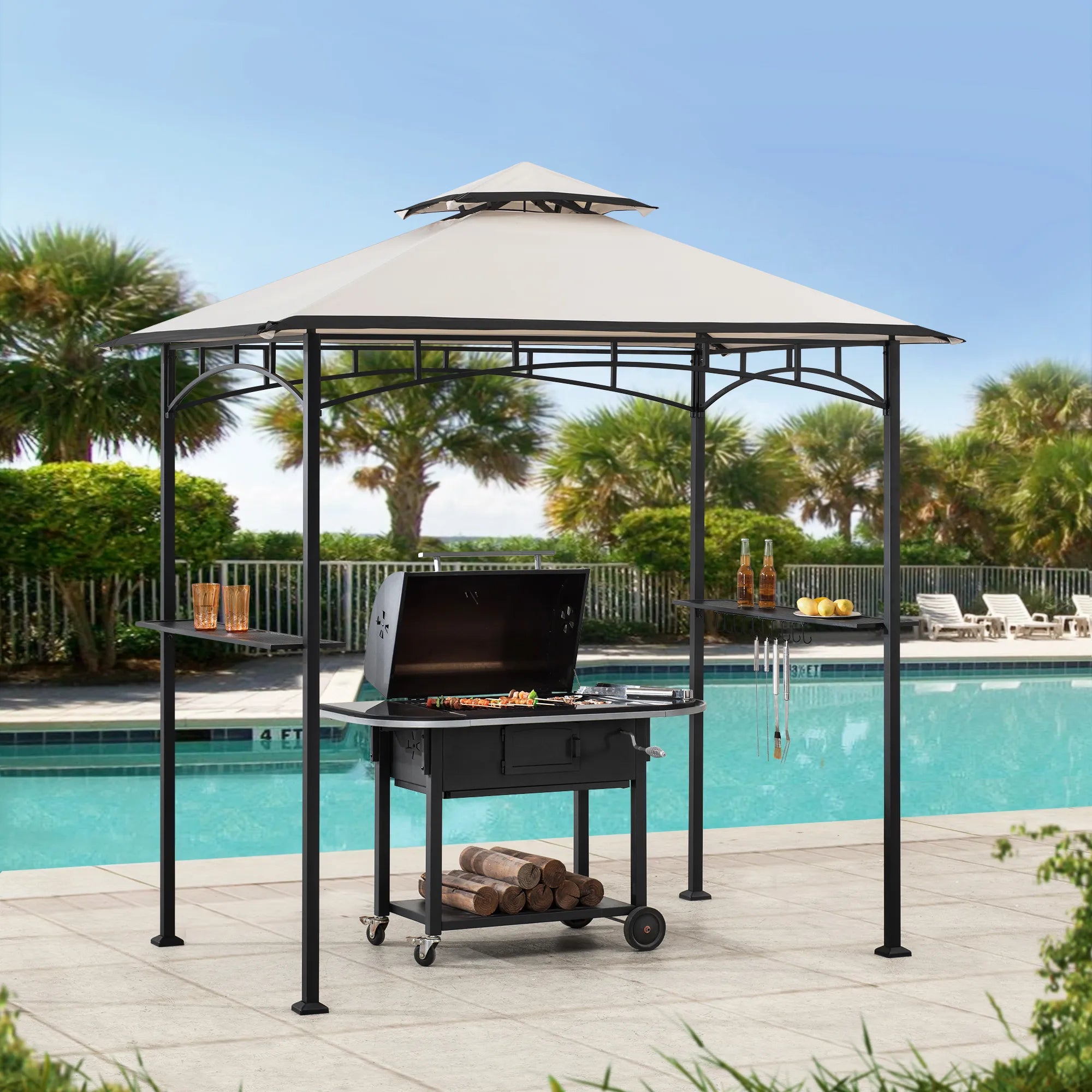 SUNJOY 5x8 BBQ Grill Gazebo with Bar Shelves and Hooks - Beige & Black