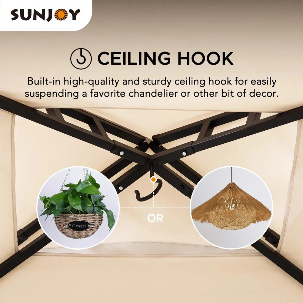 SUNJOY 5x8 BBQ Grill Gazebo with Bar Shelves and Hooks - Beige & Black