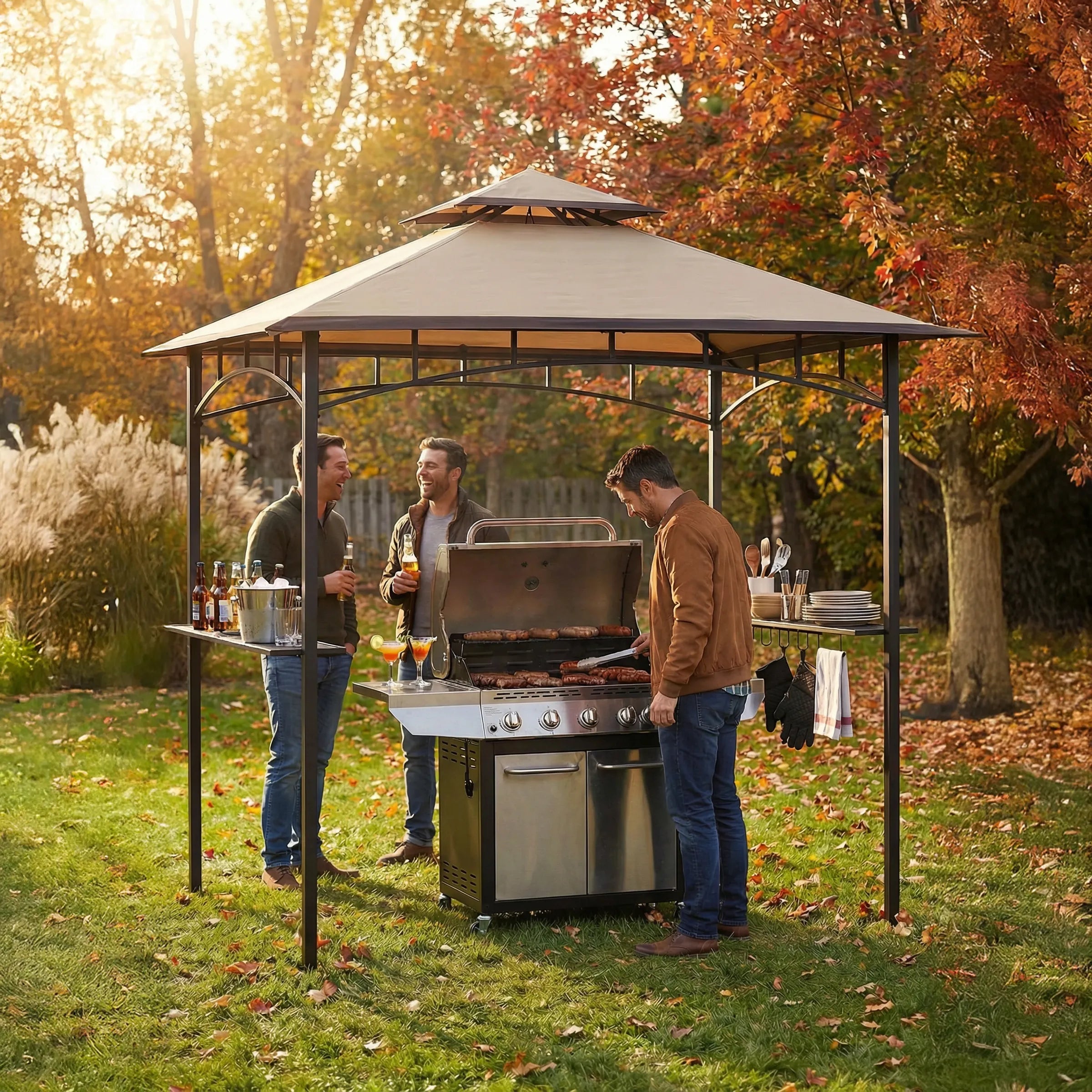 SUNJOY 8x5 BBQ Grill Gazebo with Bar Shelves and Hooks - Tan & Brown