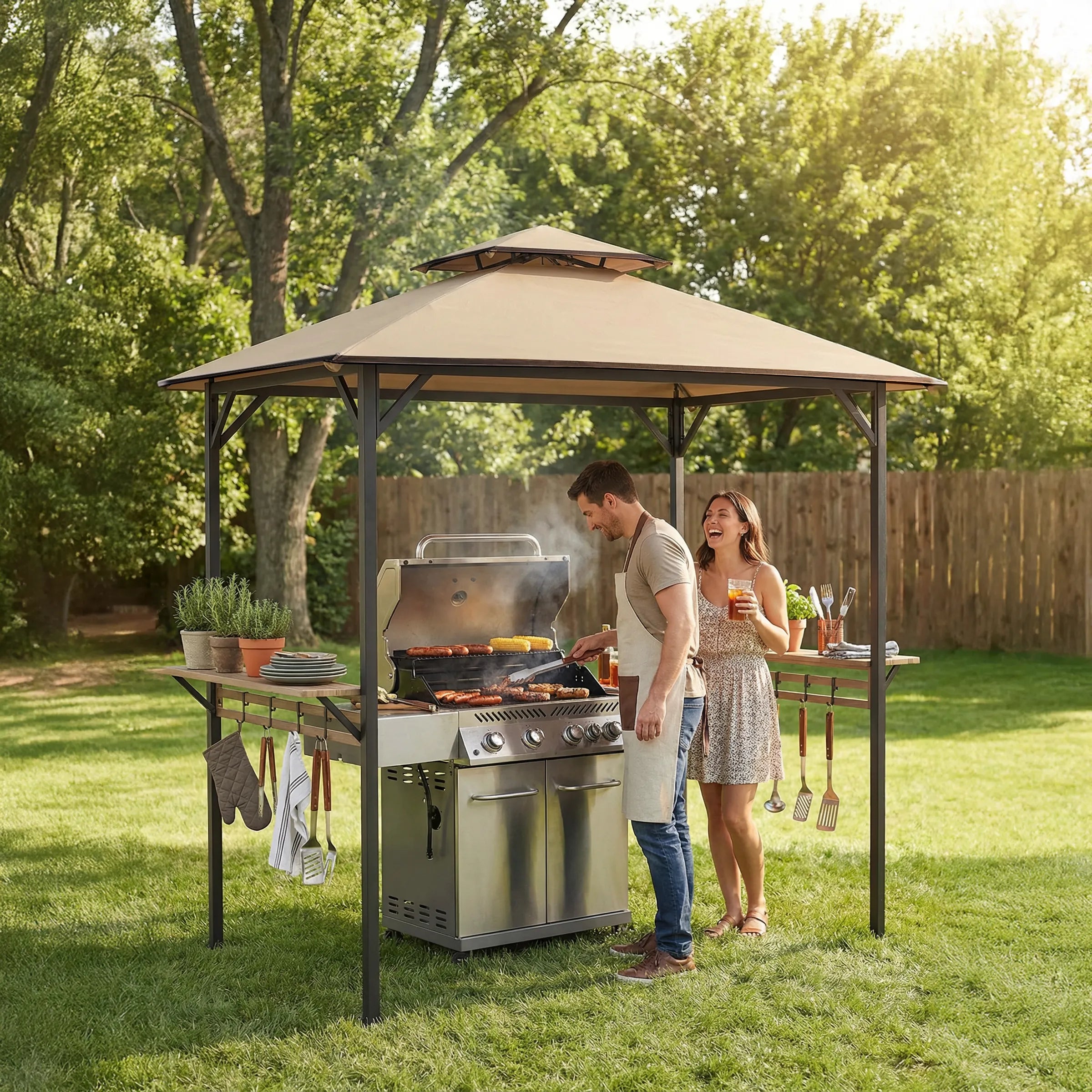 SUNJOY Outdoor Patio 8x5 Khaki 2-Tier Steel Backyard Soft Top Grill Gazebo with Bar Shelves and Hooks
