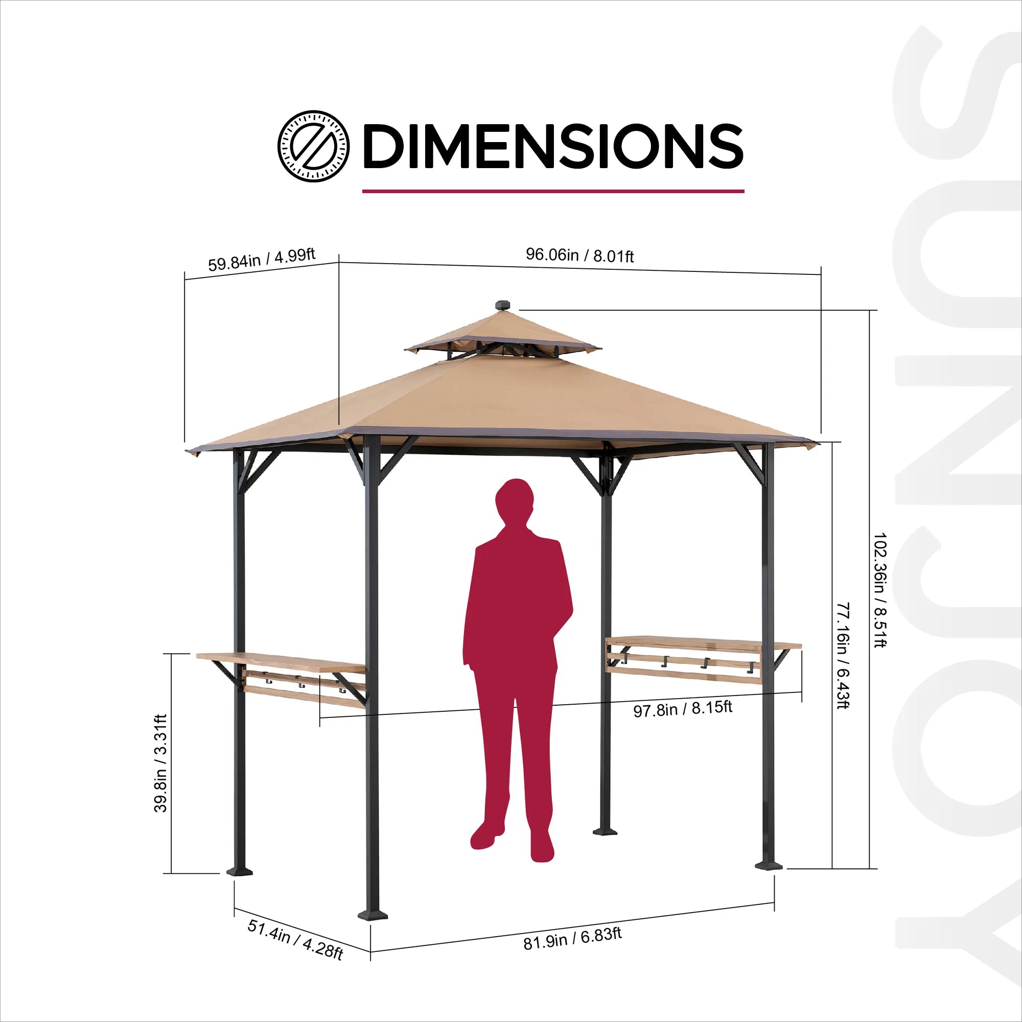 SUNJOY Outdoor Patio 8x5 Khaki 2-Tier Steel Backyard Soft Top Grill Gazebo with Bar Shelves and Hooks